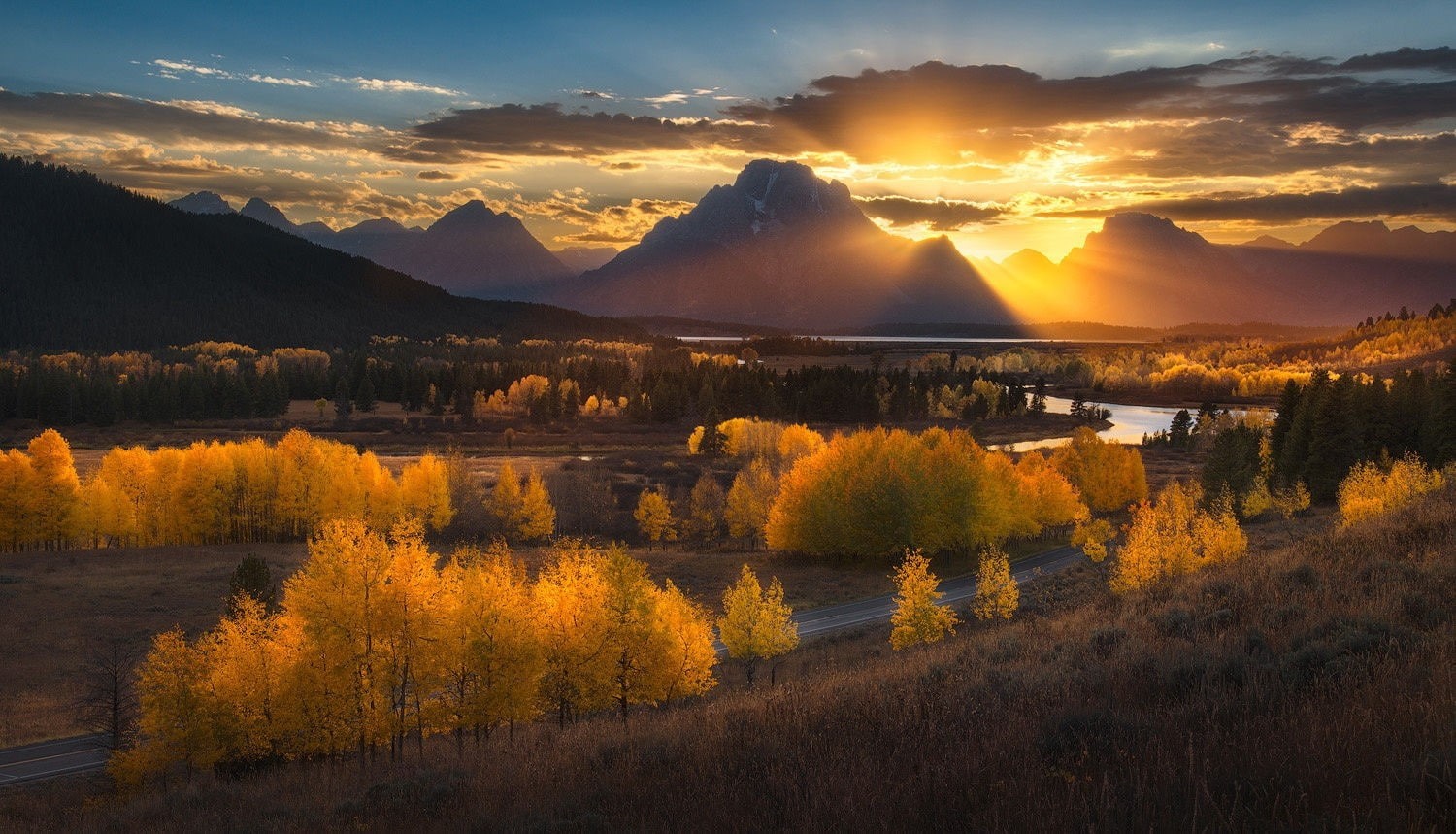Wyoming, mountain, cloud - sky, Grand Teton National Park, sun, reflection, fall, mountain range, road, outdoors, nature, tree, scenics - nature, beauty in nature, HD Wallpaper