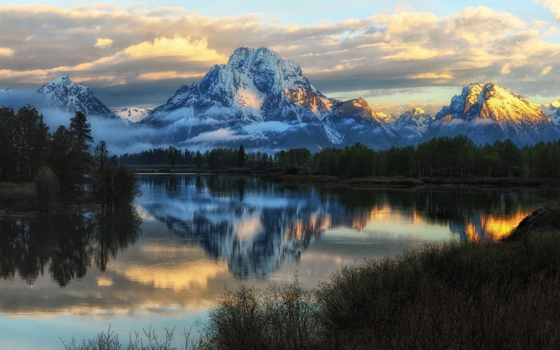 shrubs, mountains, scenics - nature, reflection, photo, Grand Teton National Park, trees, snowy peak, river, cloud - sky, water, outdoors, 1080P, mountain, HD Wallpaper