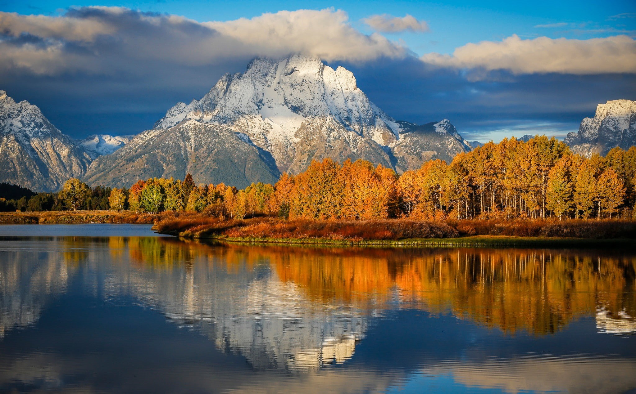 morning, grand, US state of Wyoming, national, 1080P, body, Autumn, Oxbow Bend, water, the National Park Grand Teton, park, large, teton, HD Wallpaper