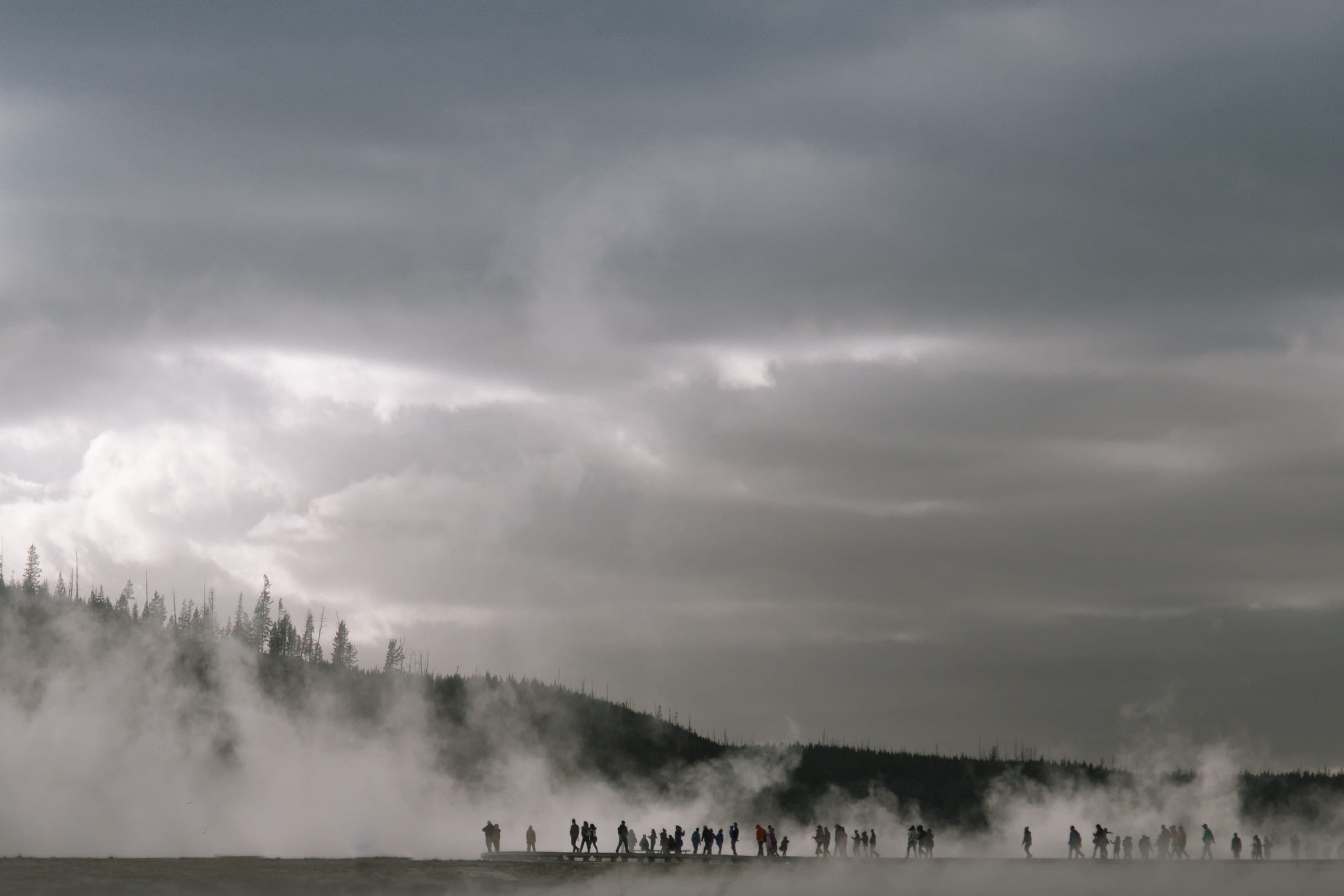 nature, near, water, smoke, beach, steam, fogs, park, plant, tree, walking, national park service, non-urban scene, land, people, sky, midway geyser basin, HD Wallpaper