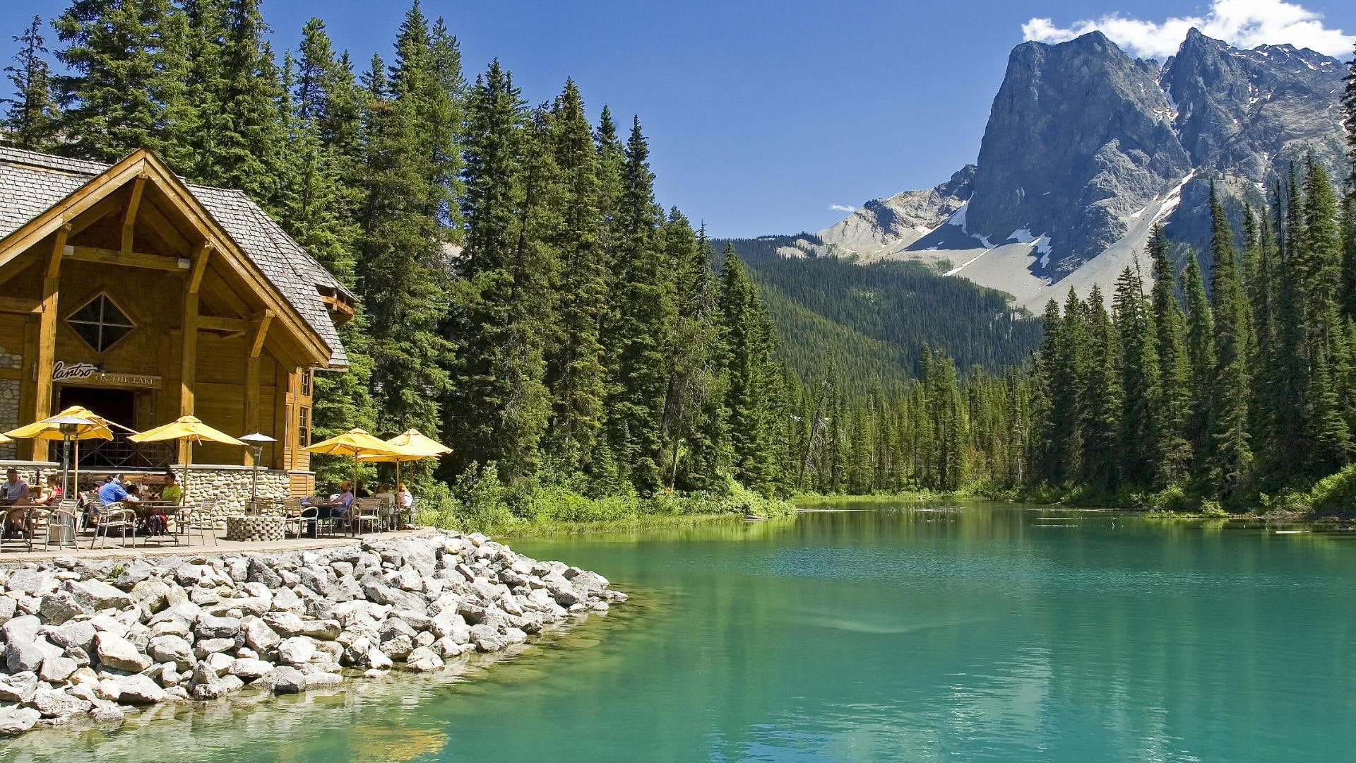 1080P, restaurant, nature and landscapes, mountain, forest, emerald, np, yoho, canada, lake, HD Wallpaper