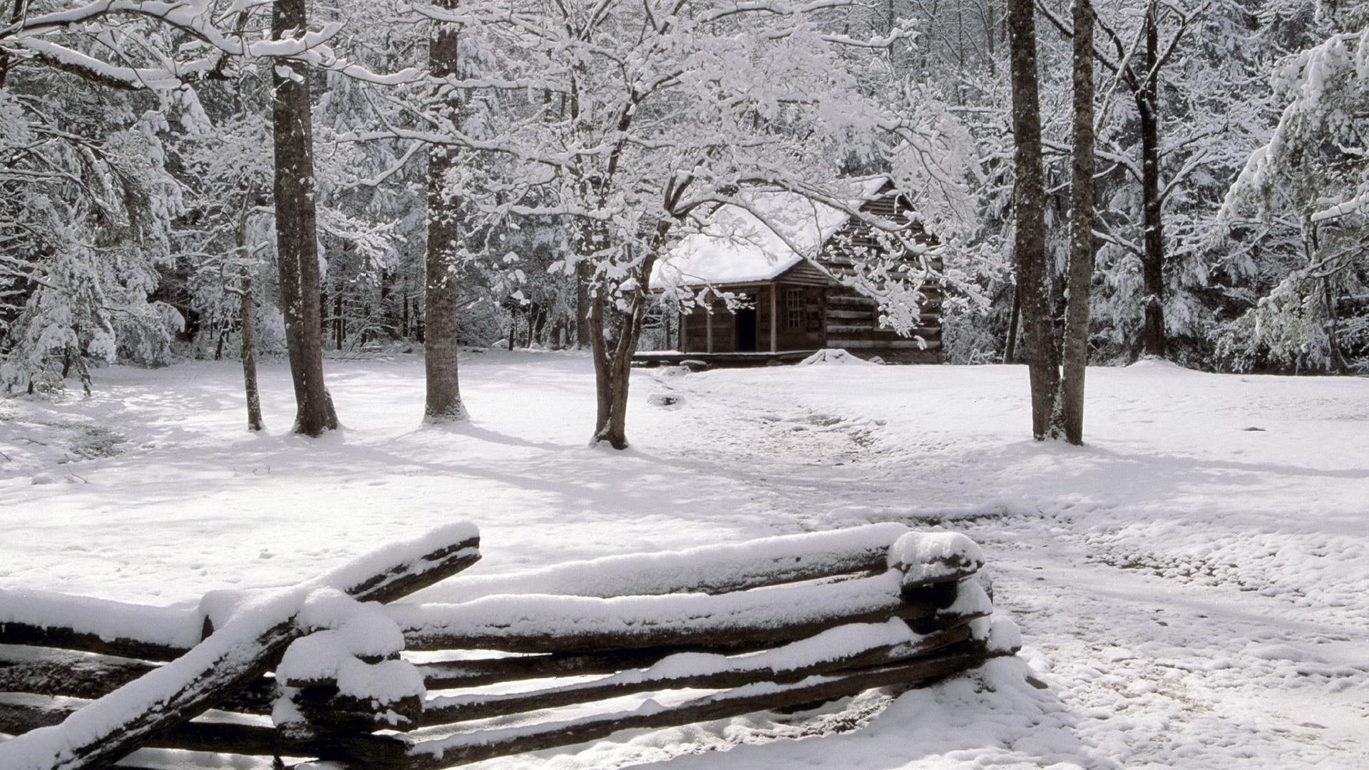great, cabin, fence, np, smoky, nature and landscapes, winter, 1080P, tennessee, mountains, forest, HD Wallpaper