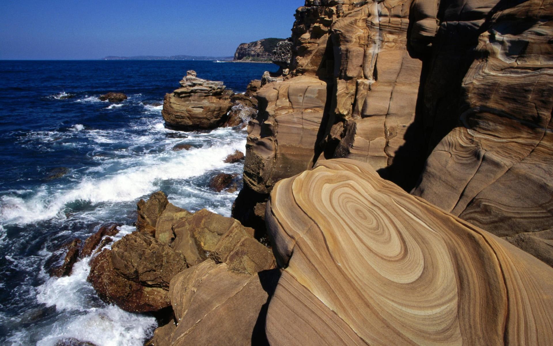 rough, 1080P, np, patterns, cost, cliff, australia, bouddi, brown, rocks, coast, nature and landscapes, HD Wallpaper