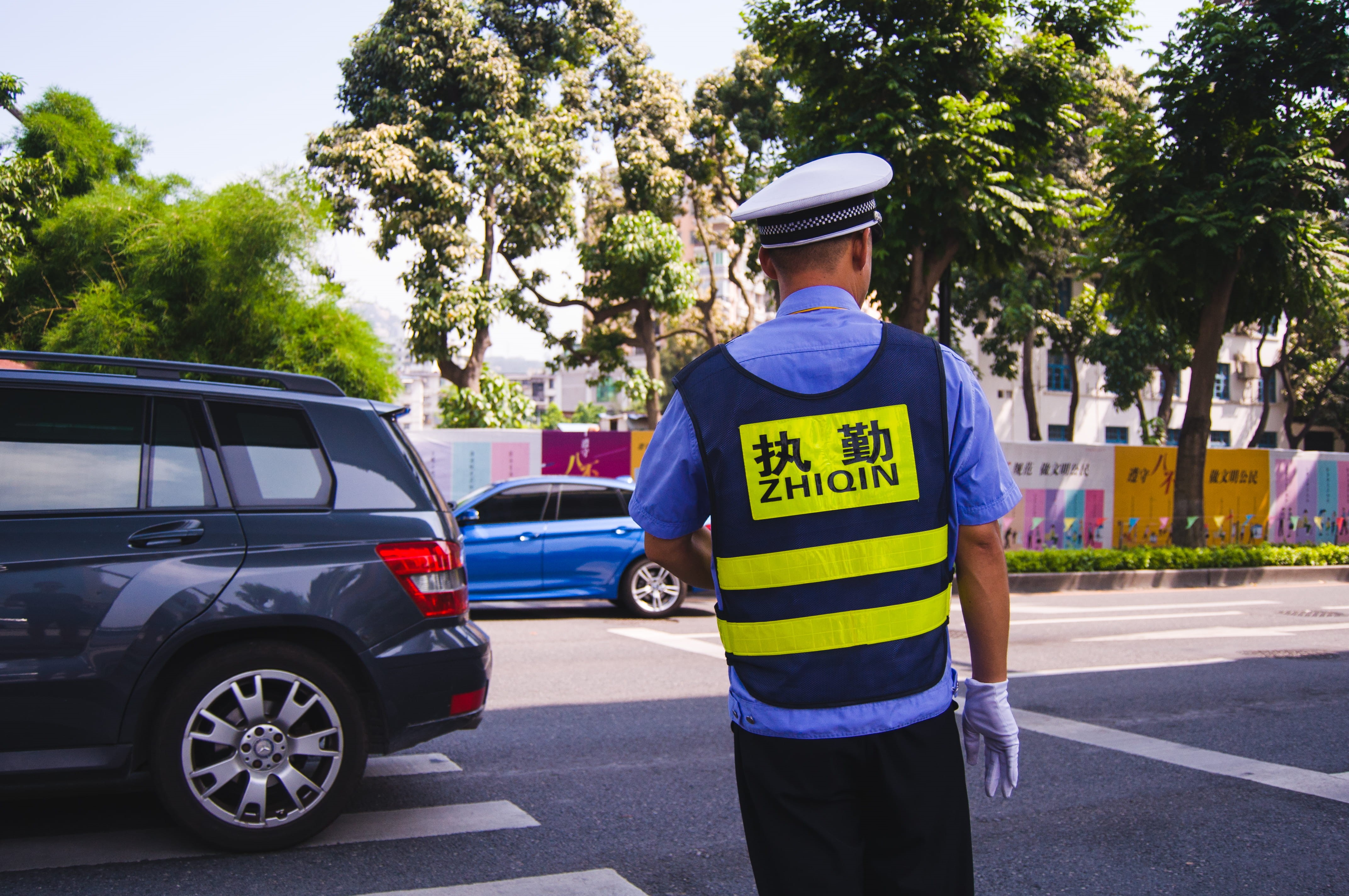 uniform, car, plant, road, xiamen, city, tree, asia, ivy barn, hat, protection, 4K, security, responsibility, police force, land vehicle, outdoors, clothing, HD Wallpaper