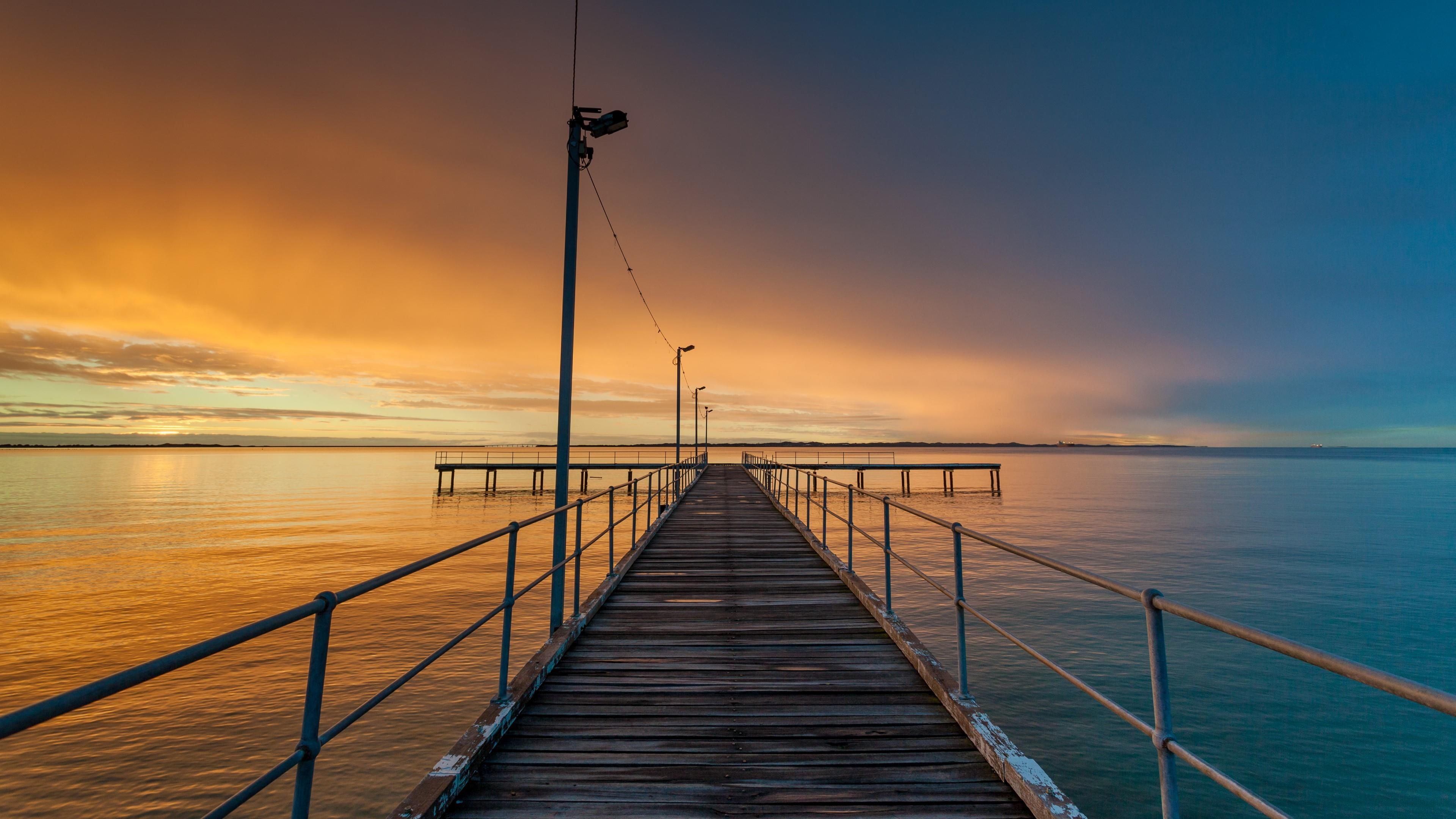 sky, kwinana, kwinana beach, calm, australia, 4K, dusk, fishing pier, sunset, cloud, waterscape, water, evening, pier, horizon, ocean, HD Wallpaper