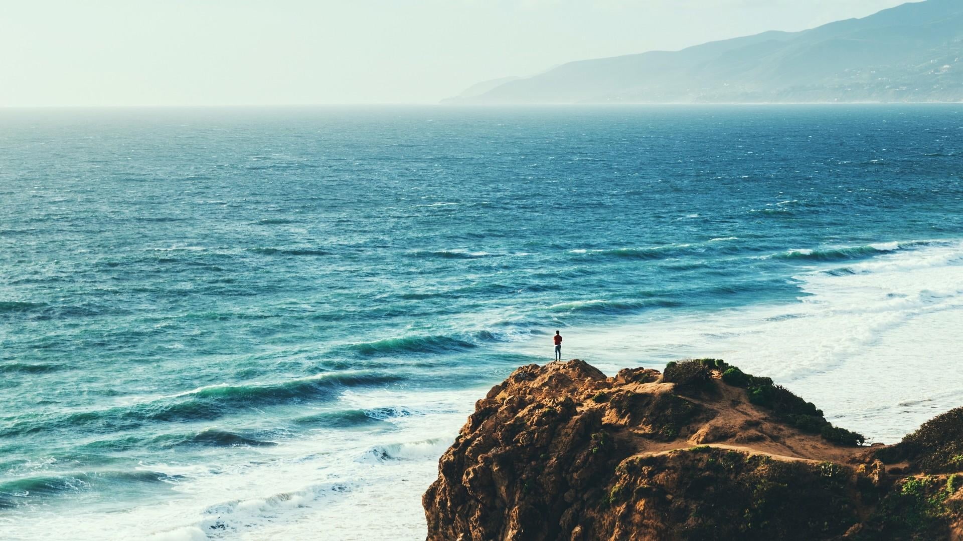 tranquility, idyllic, pacific ocean, sky, cliff, malibu, shore, waterscape, 1080P, water, point dume, sea, nature, promontory, ocean, oceanscape, horizon over water, HD Wallpaper