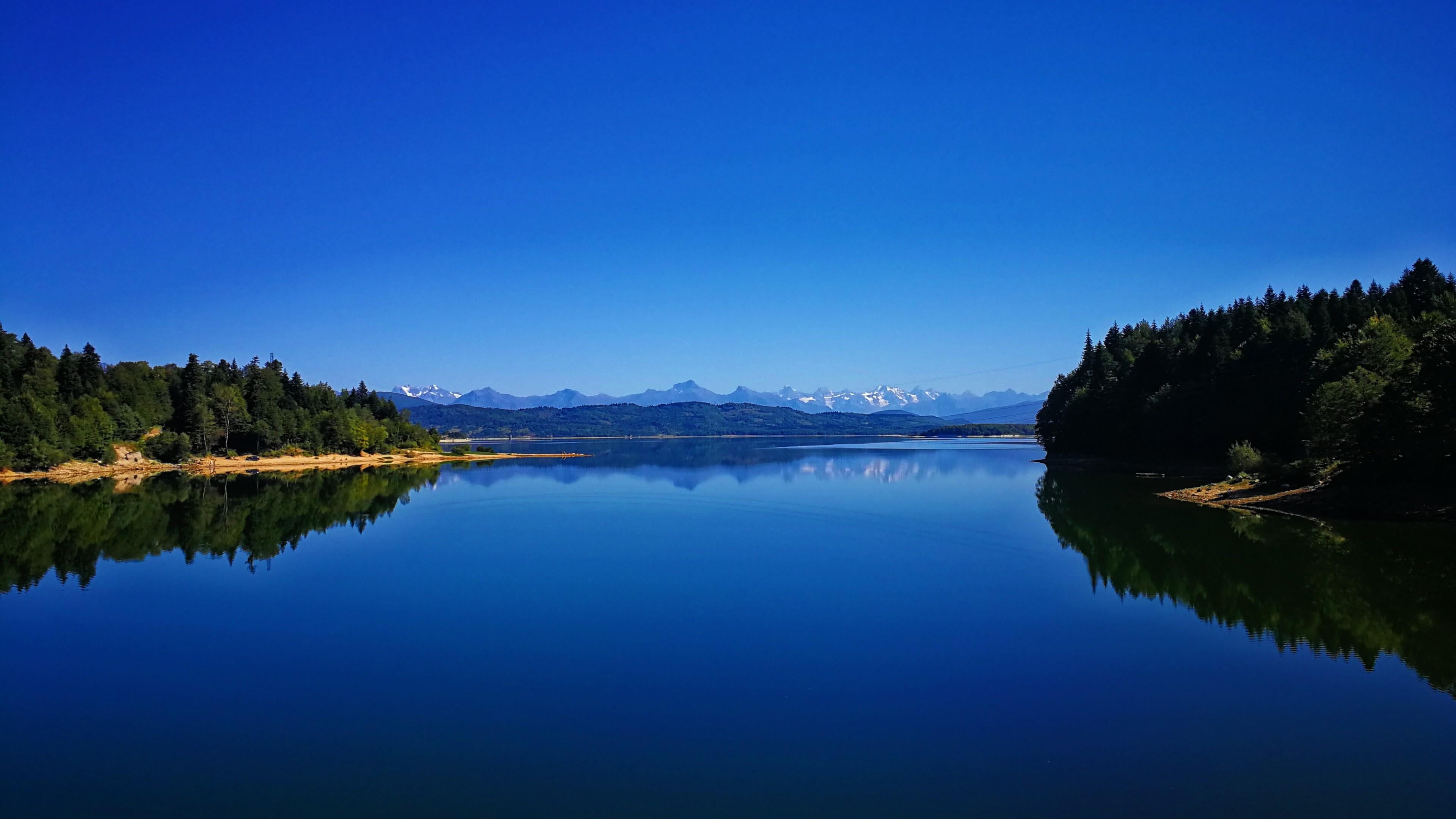 blue, lake, mount scenery, mountain range, outdoors, waterscape, tranquil scene, blue sky, tree, clear sky, reflection, trees, mountain, pine woodland, HD Wallpaper