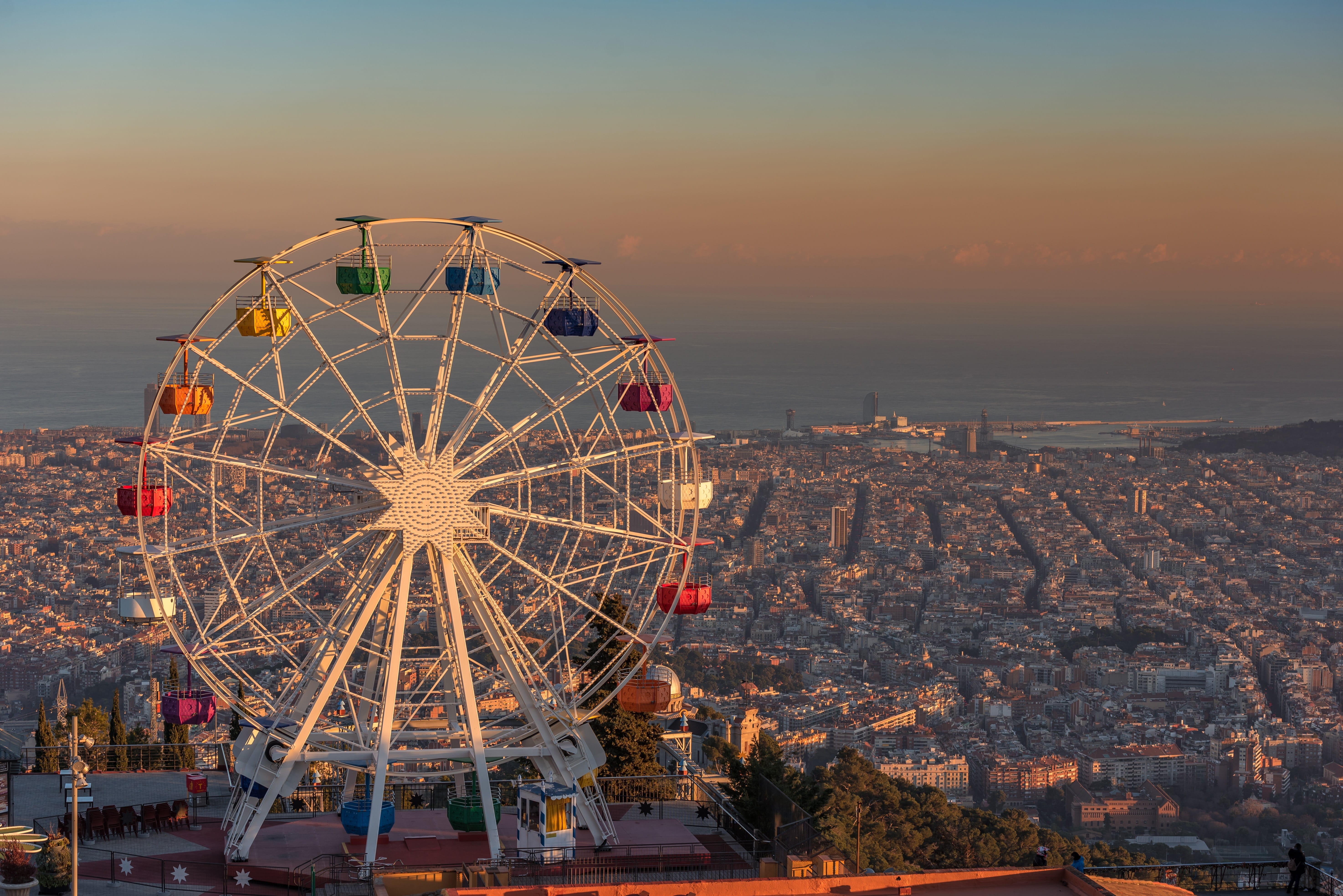 building, sunset, travel, city, dusk, shape, fairground, travel destinations, nature, outdoors, 5K, barcelona, built structure, giant ferris wheel, no people, HD Wallpaper