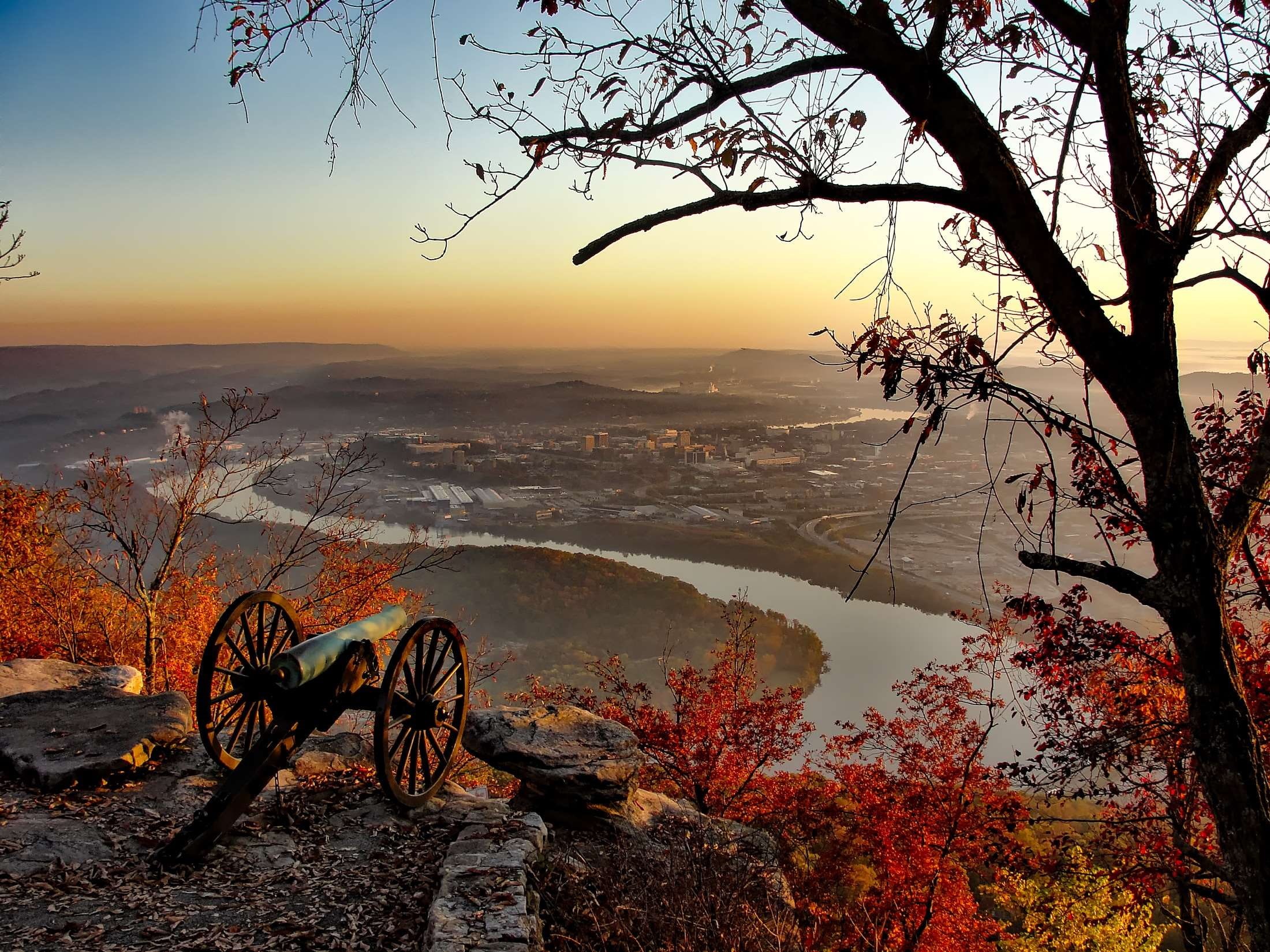 chattanooga, sky, overlook, scenics - nature, nature, tranquil scene, branch, outdoors, vista, river, trunk, view, tennessee, military park, hdr, sunset, HD Wallpaper