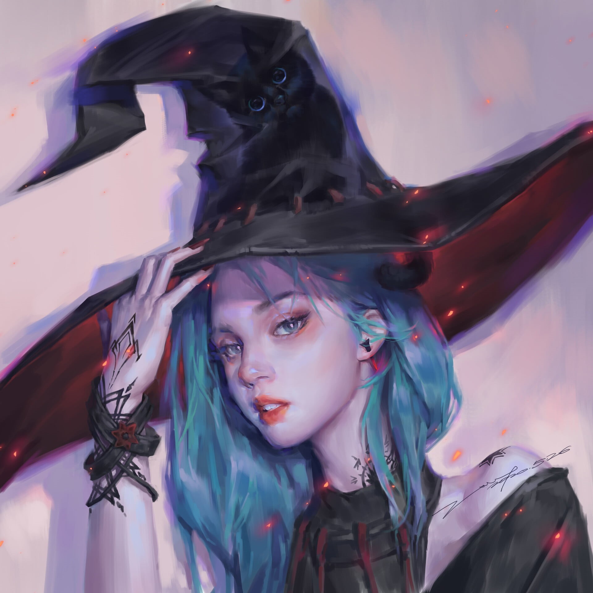 ArtStation, 1080P, simple background, artwork, digital art, Z WY, bracelets, hat, blue hair, portrait, women with hats, tattoo, looking at viewer, wizards hat, Phone HD Wallpaper