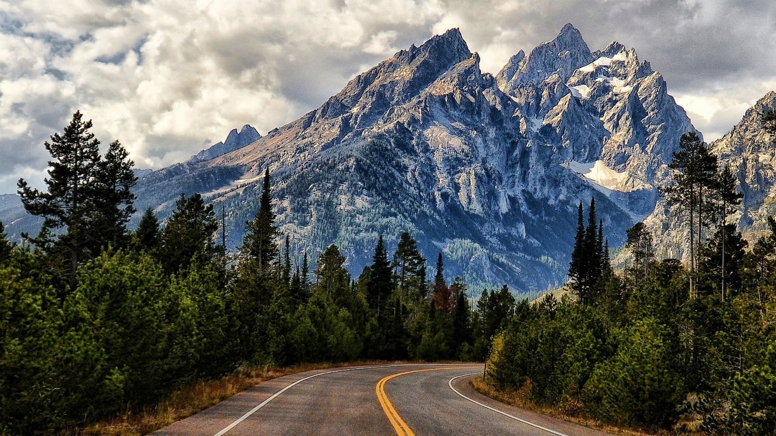 transportation, no people, snowcapped mountain, coniferous tree, cloud - sky, shrubs, pine tree, 720P, tranquility, outdoors, plant, mountain peak, direction, HD Wallpaper