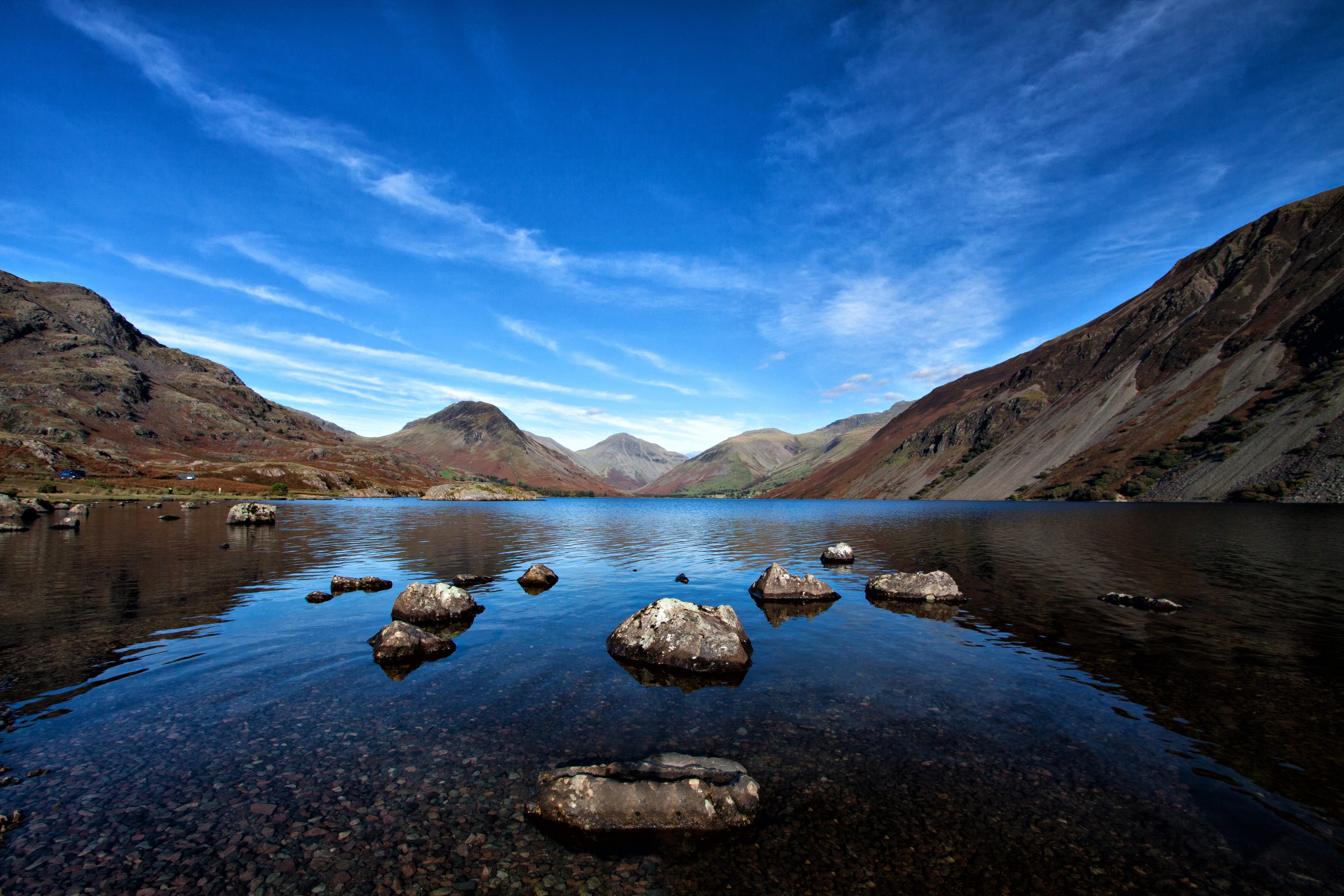 rock, reflection, mountain, sky, view, tranquility, Lake District, rock - Object, scenics - nature, Cumbria, nature, landscape, 4K, Wastwater, environment, HD Wallpaper