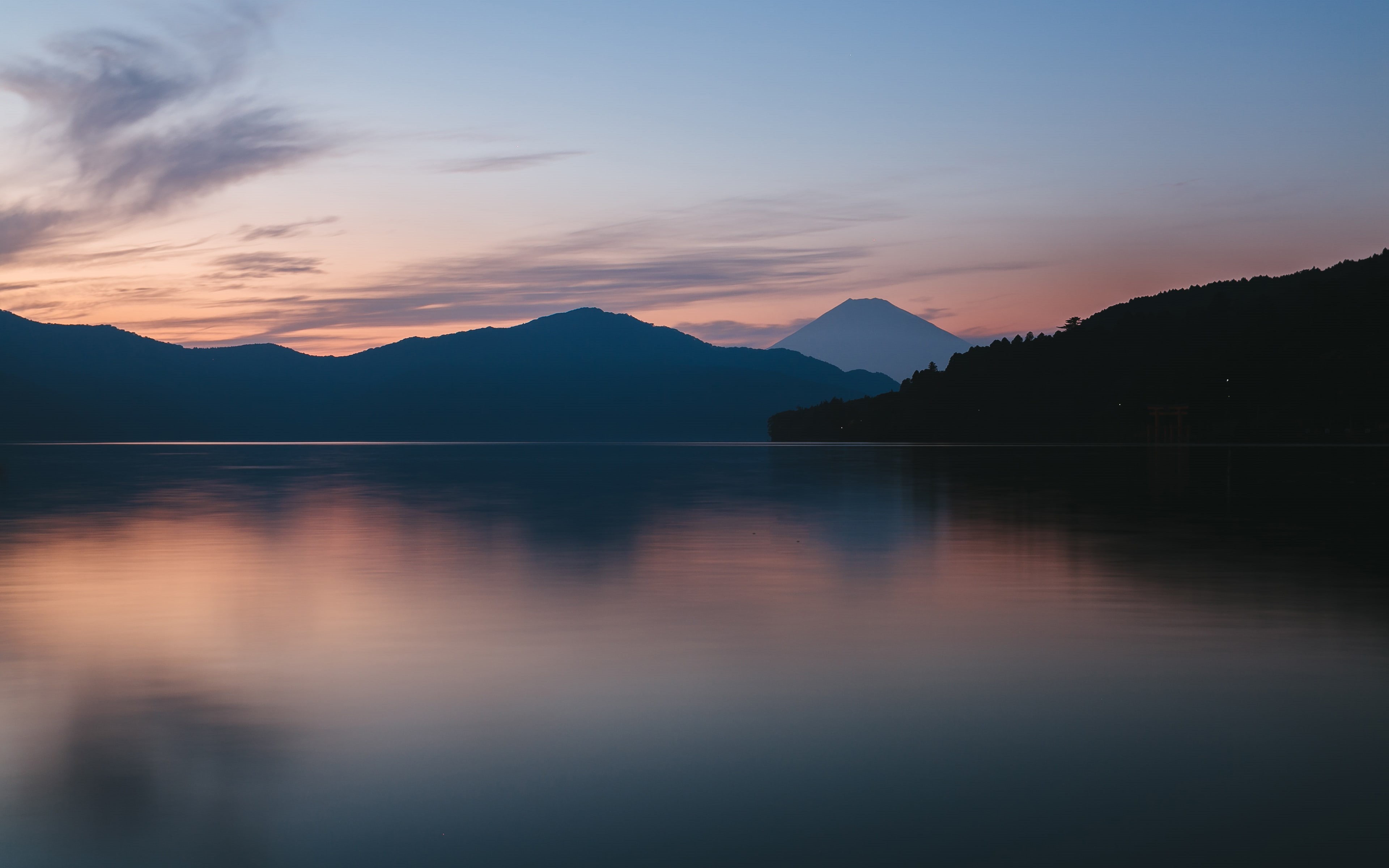scenics - nature, water, lake, japan, silhouette, reflections, mountain peak, mountain range, blue, dusk, sunset, idyllic, tranquil scene, no people, non-urban scene, HD Wallpaper