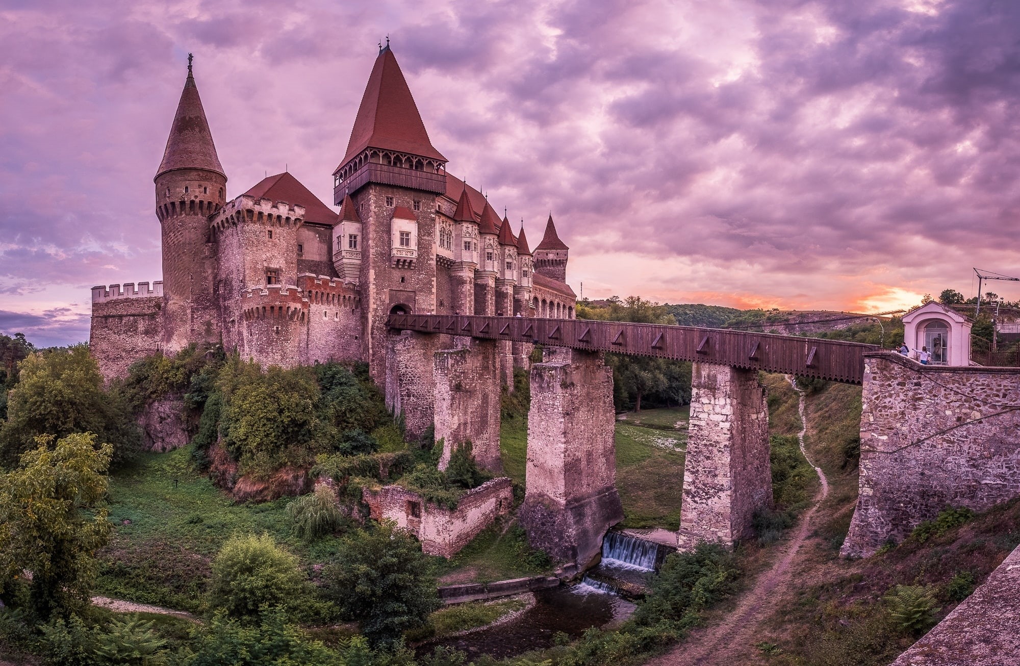 built structure, 1080P, Architecture, Gothic, Vacation, hunedoara, historical, dusk, no people, visit, corvin, Romania, Hunyadi, Castle, tree, largestcastles, HD Wallpaper