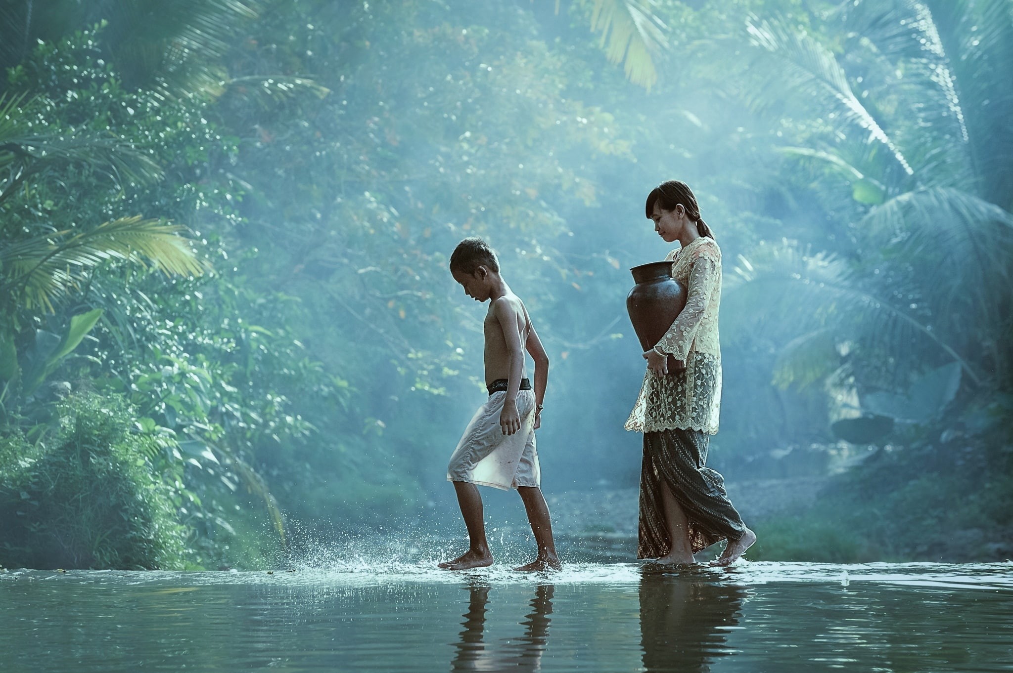 standing, 1080P, child, kids, men, river, two people, outdoors, pitcher, village, go, ankle deep in water, back home, lifestyles, s, leisure activity, HD Wallpaper