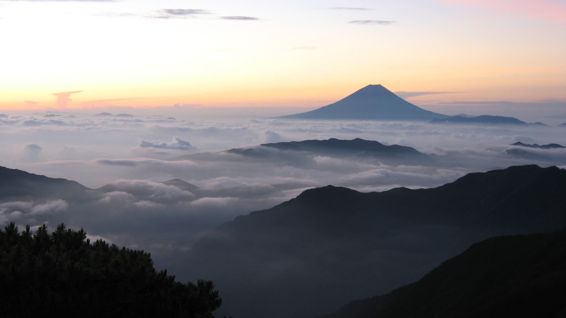 view, mountain peak, clouds, scenics - nature, mountain, sunset, idyllic, landscape, Mount Fuji, no people, beauty in nature, tranquil scene, non-urban scene, HD Wallpaper