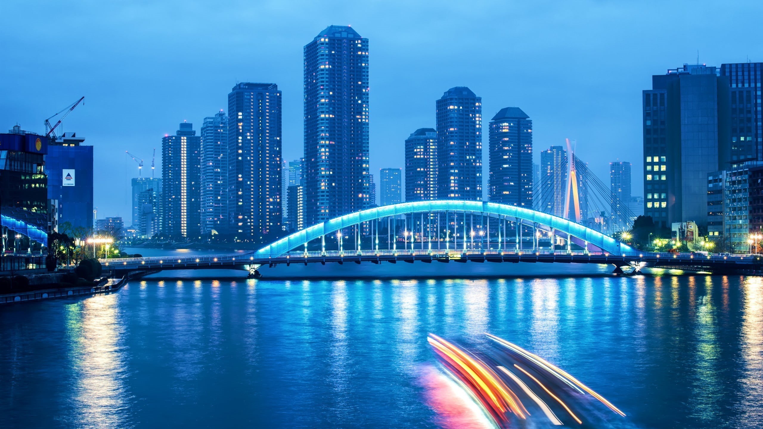 cityscape, office building exterior, no people, built structure, outdoors, modern, water, city, sky, 2K, illuminated, bridge, lights, skyscraper, landscape, HD Wallpaper