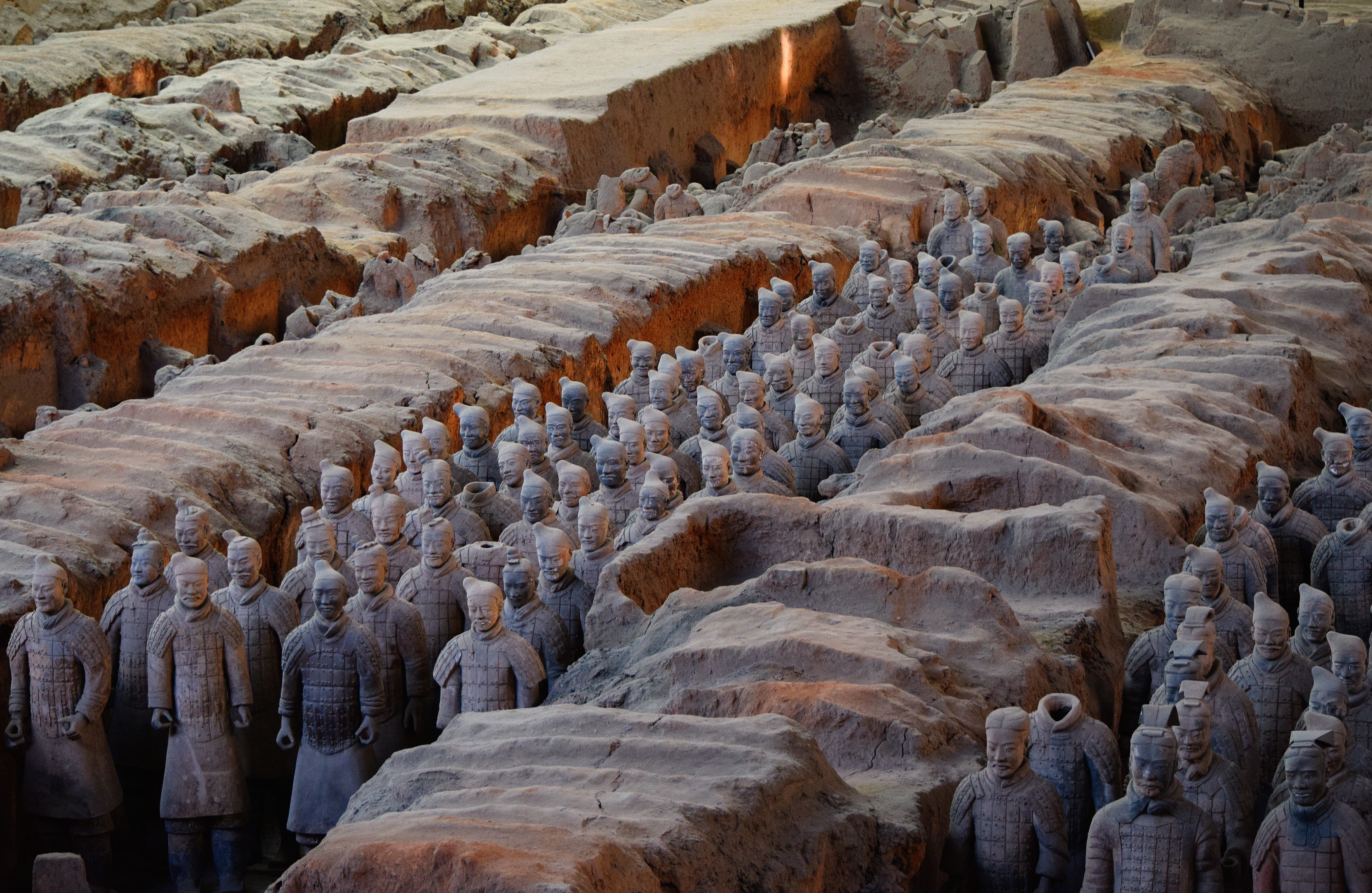 terracotta army, photo, travel destinations, history, large group of objects, architecture, land, ancient, nature, water, travel, terracottum, xian, rock - object, HD Wallpaper