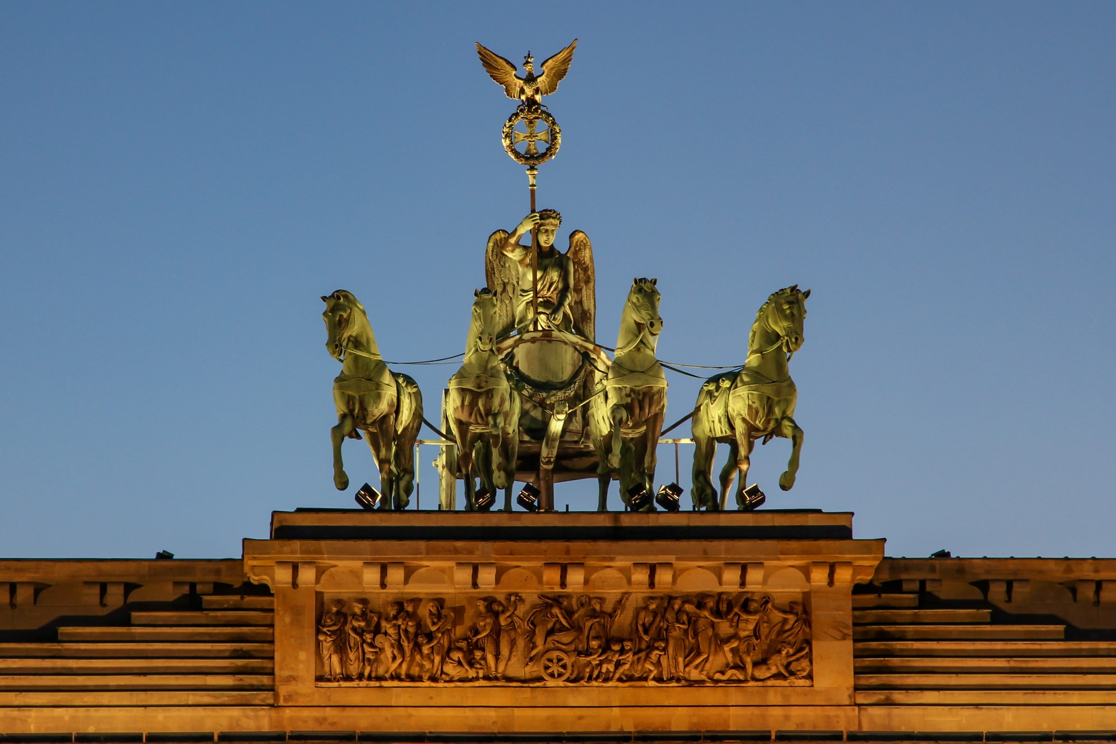 germany, outdoors, built structure, creativity, city gate, angel, travel destinations, building, clear sky, national socialism, quadriga, landmark, the past, HD Wallpaper