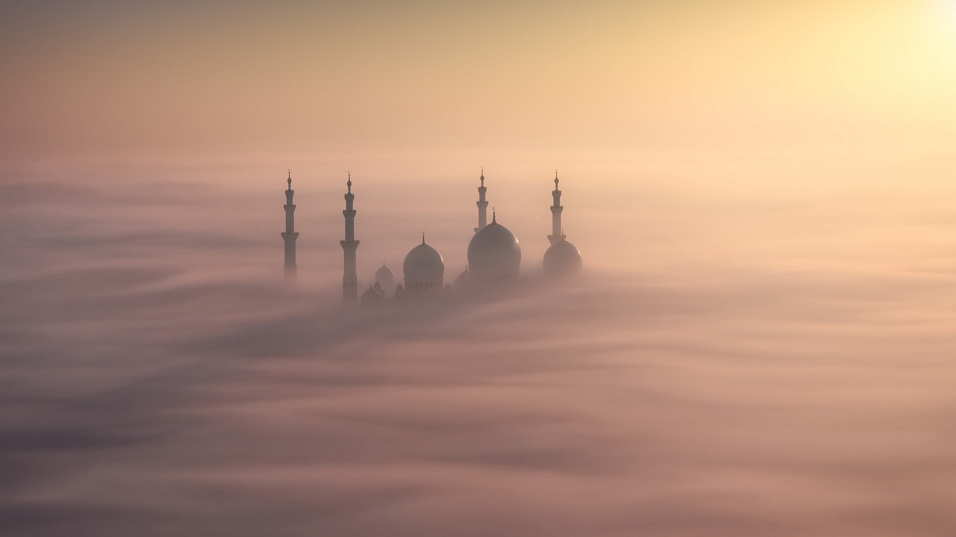 fog, sunset, building exterior, built structure, belief, nature, mosque, mist, daytime, orange color, environment, cloud - sky, spirituality, no people, HD Wallpaper