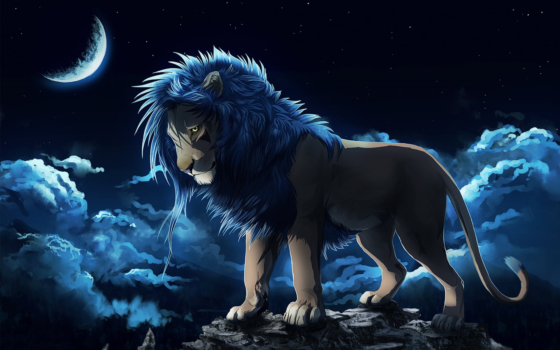 night, one animal, atop, rock, domestic, solid, lion, water, representation, nature, animal representation, full length, 1080P, animal wildlife, mane, HD Wallpaper