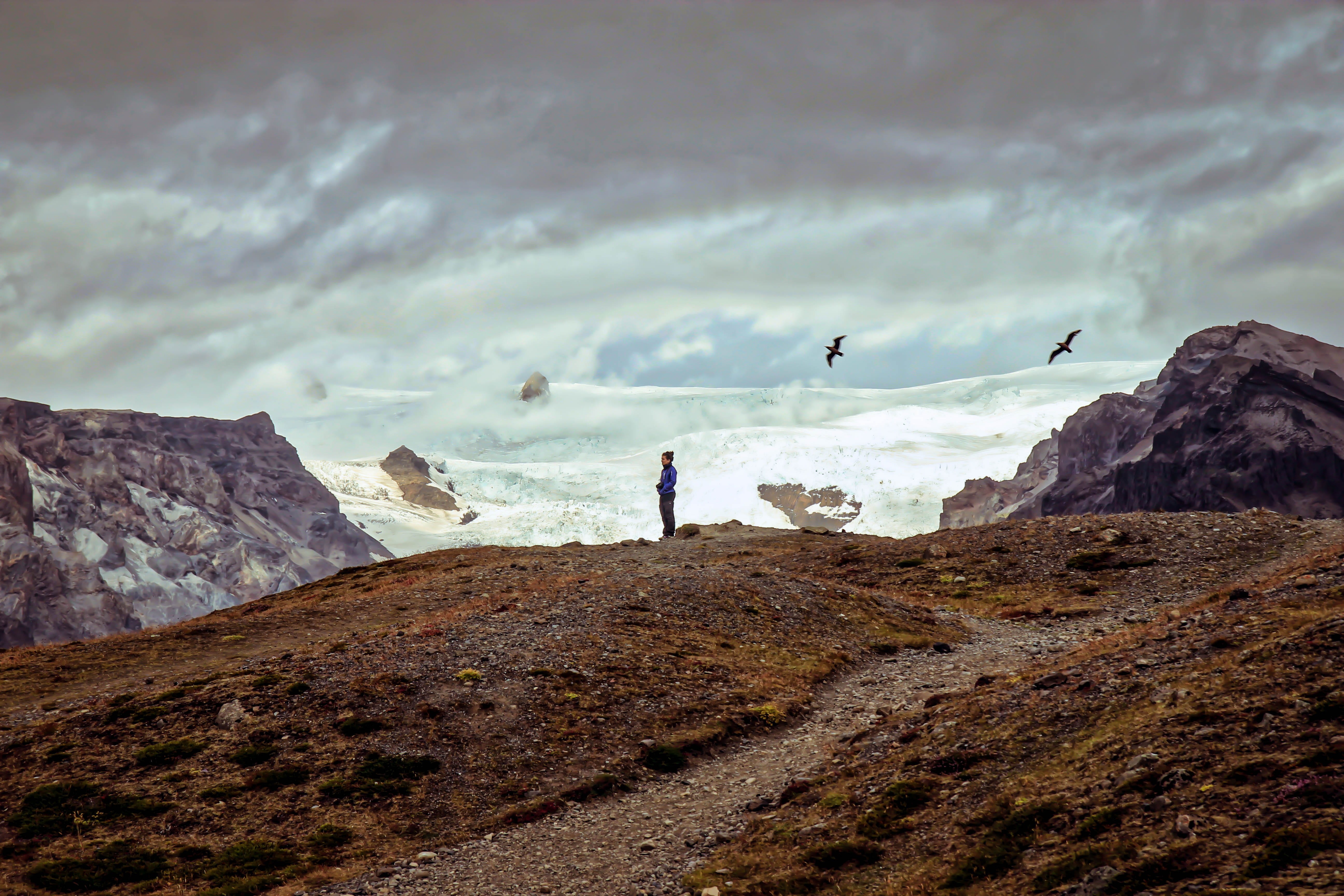 land, leisure activity, landscape, lifestyles, overcast, path, daytime, standing, outdoors, tree, rock - object, person, snow, sky, men, people, outdoor, HD Wallpaper