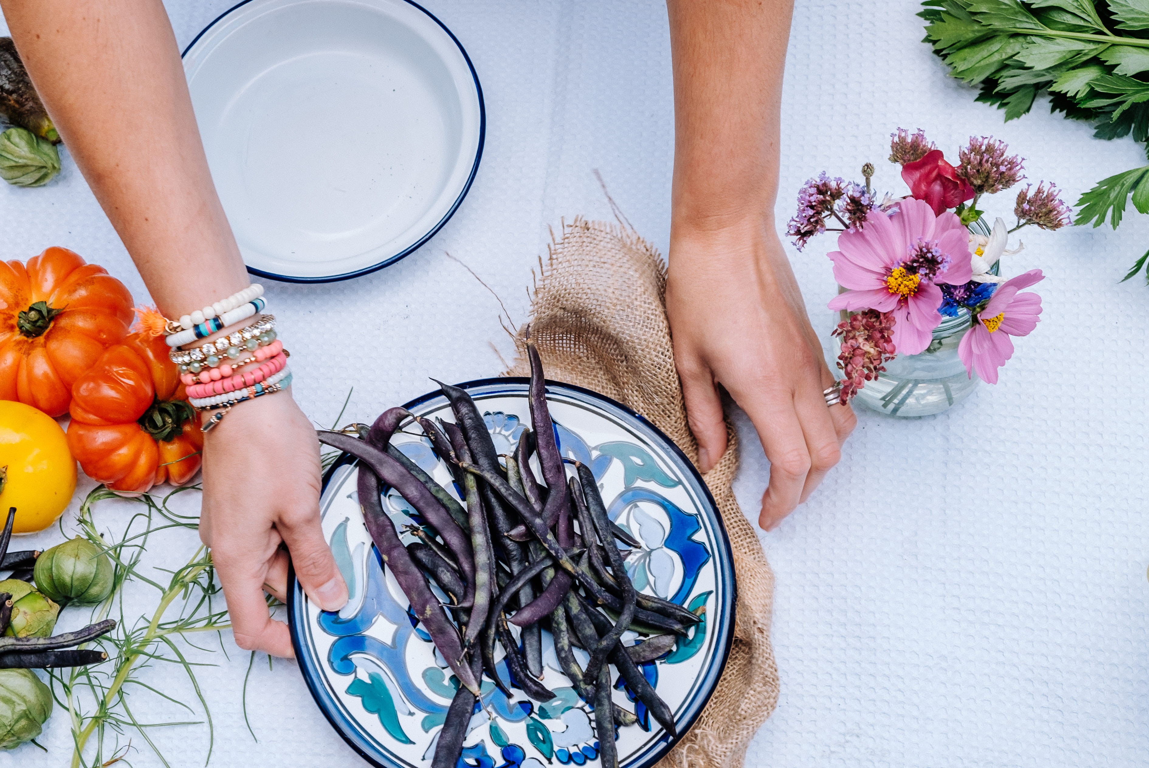 white, healthy lifestyle, beans, freshness, flower, holding, atop, near, women, floral, food and drink, one person, indoors, human limb, blue, wellbeing, HD Wallpaper