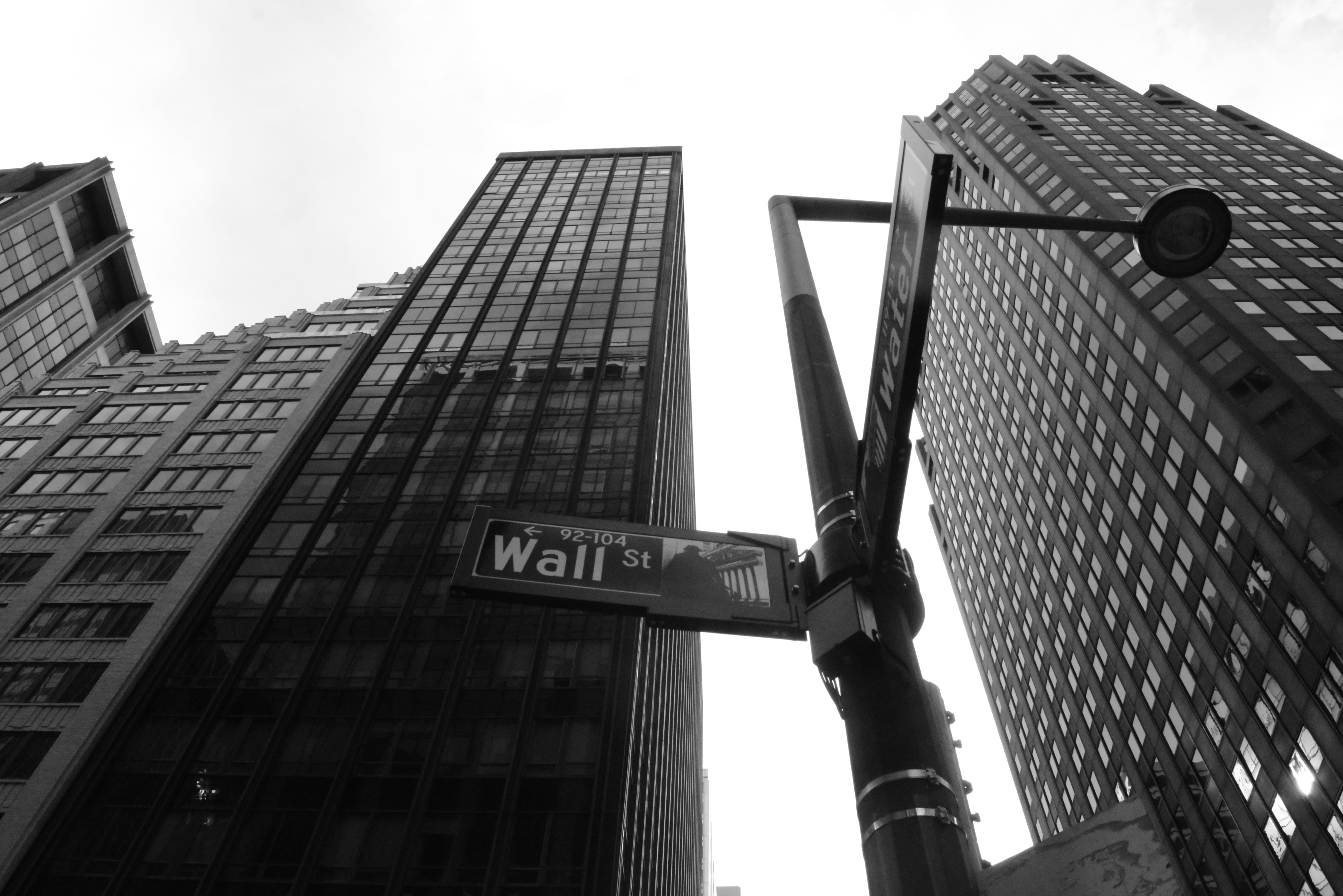 black and white, information, office building exterior, wall street, road sign, text, communication, 4K, building, sky scraper, city, nature, outdoors, HD Wallpaper