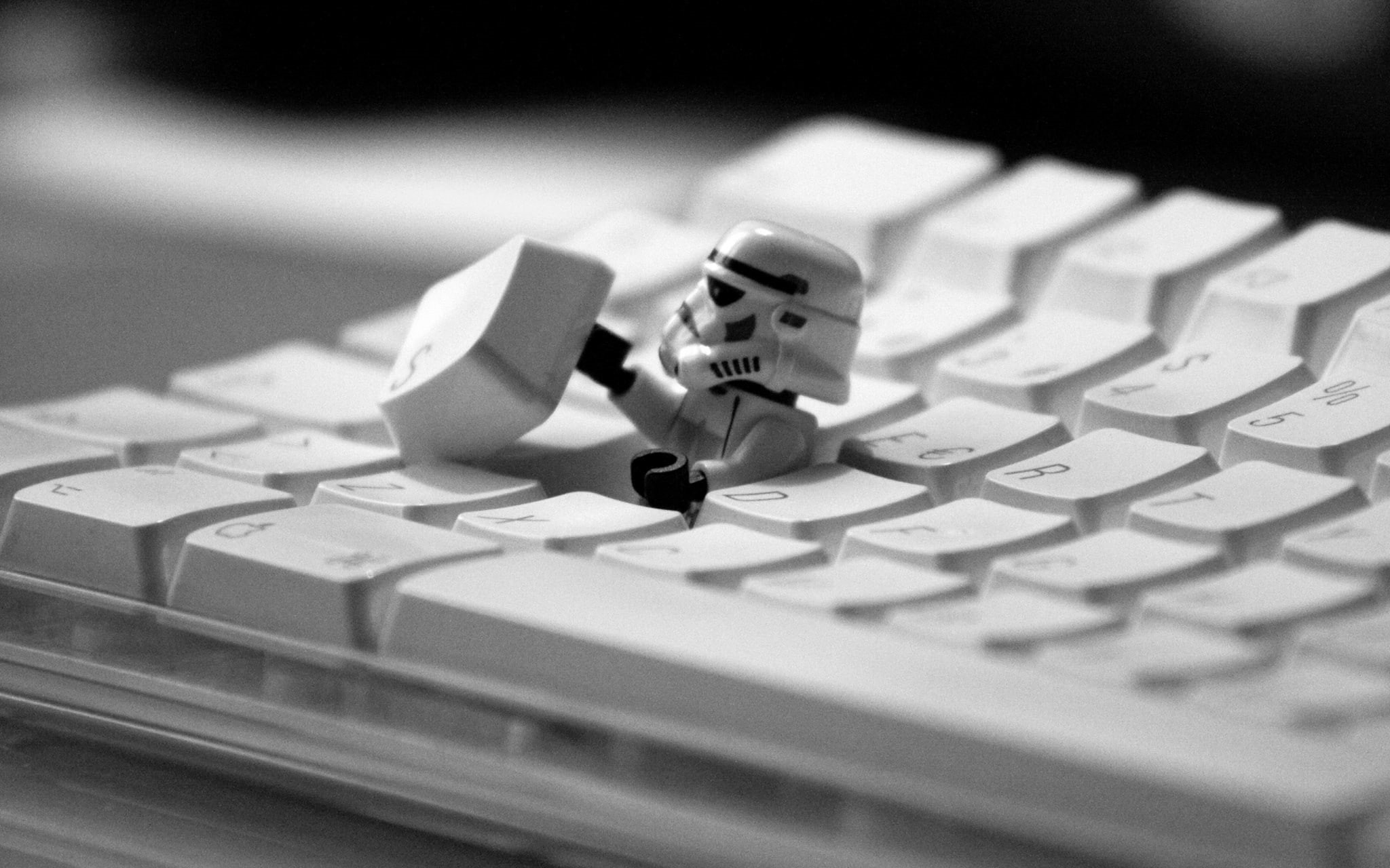 stormtrooper, 1080P, keyboards, LEGO, monochrome, Star Wars, toys, HD Wallpaper