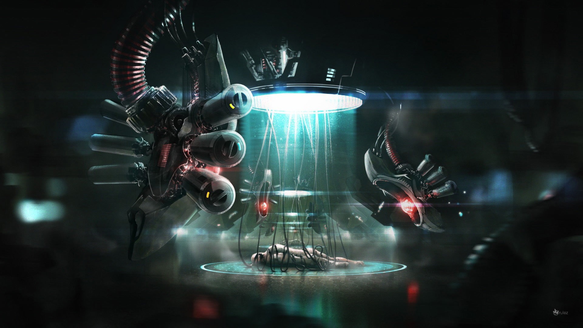 technology, 1080P, black, table, digital art, long exposure, robot, indoors, motion, digital, illuminated, creativity, lighting equipment, studio shot, HD Wallpaper