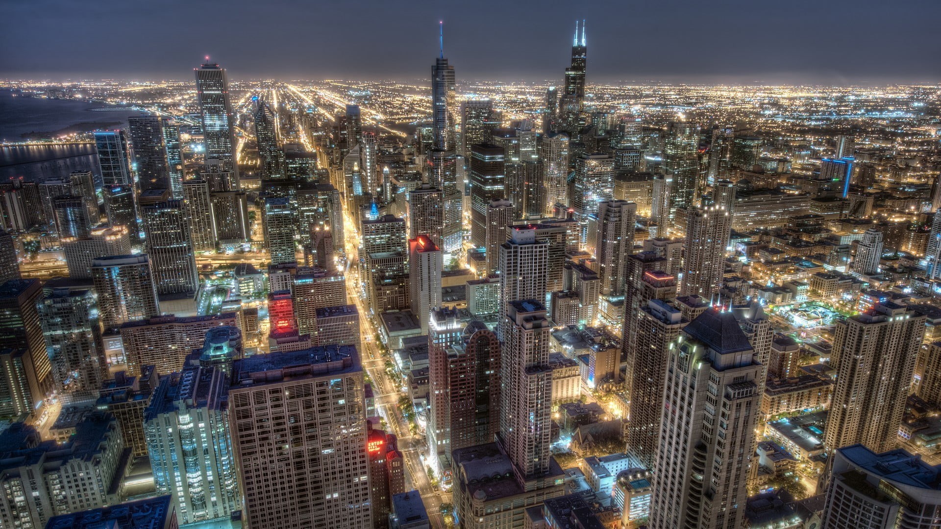 HDR, city, aerial, photography, financial district, modern, building, office, high angle view, lights, spire, skyscraper, night, outdoors, crowd, residential district, HD Wallpaper