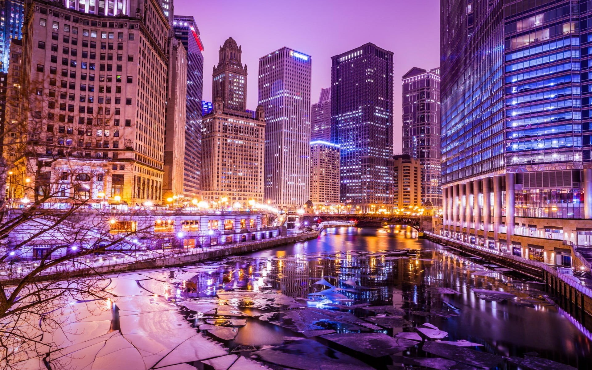 architecture, rise, modern, building, water, night, building exterior, 1080P, office building exterior, high, canal, office, cityscape, Chicago, connection, HD Wallpaper