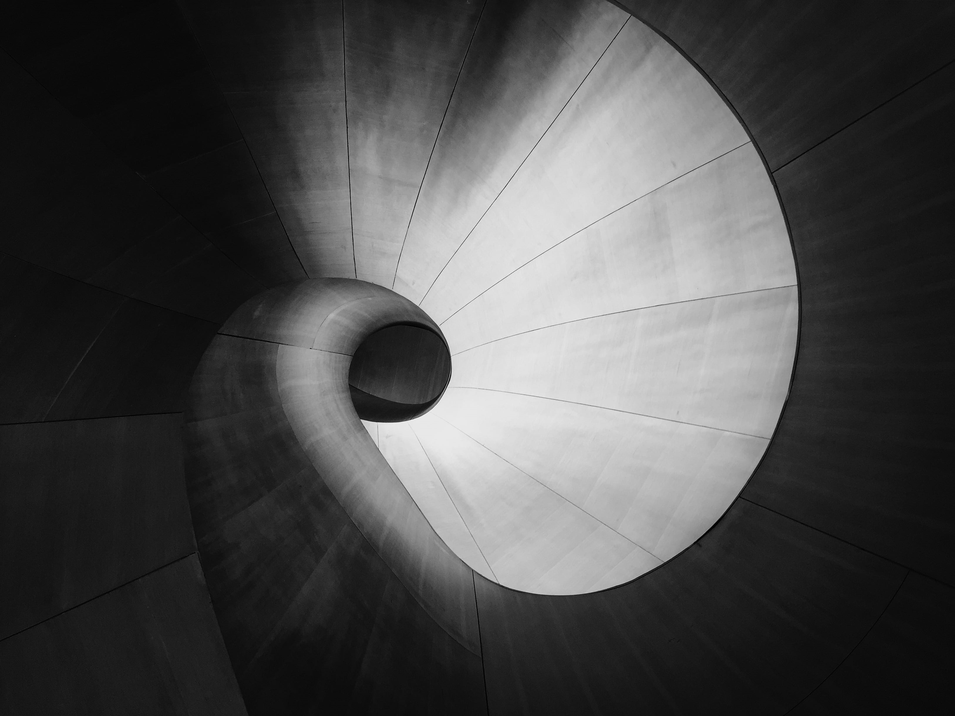 concrete, sunlight, light at the end of the tunnel, directly below, stair, monochrome, tunnel, light, nature, spiral, black and white, indoors, backgrounds, HD Wallpaper