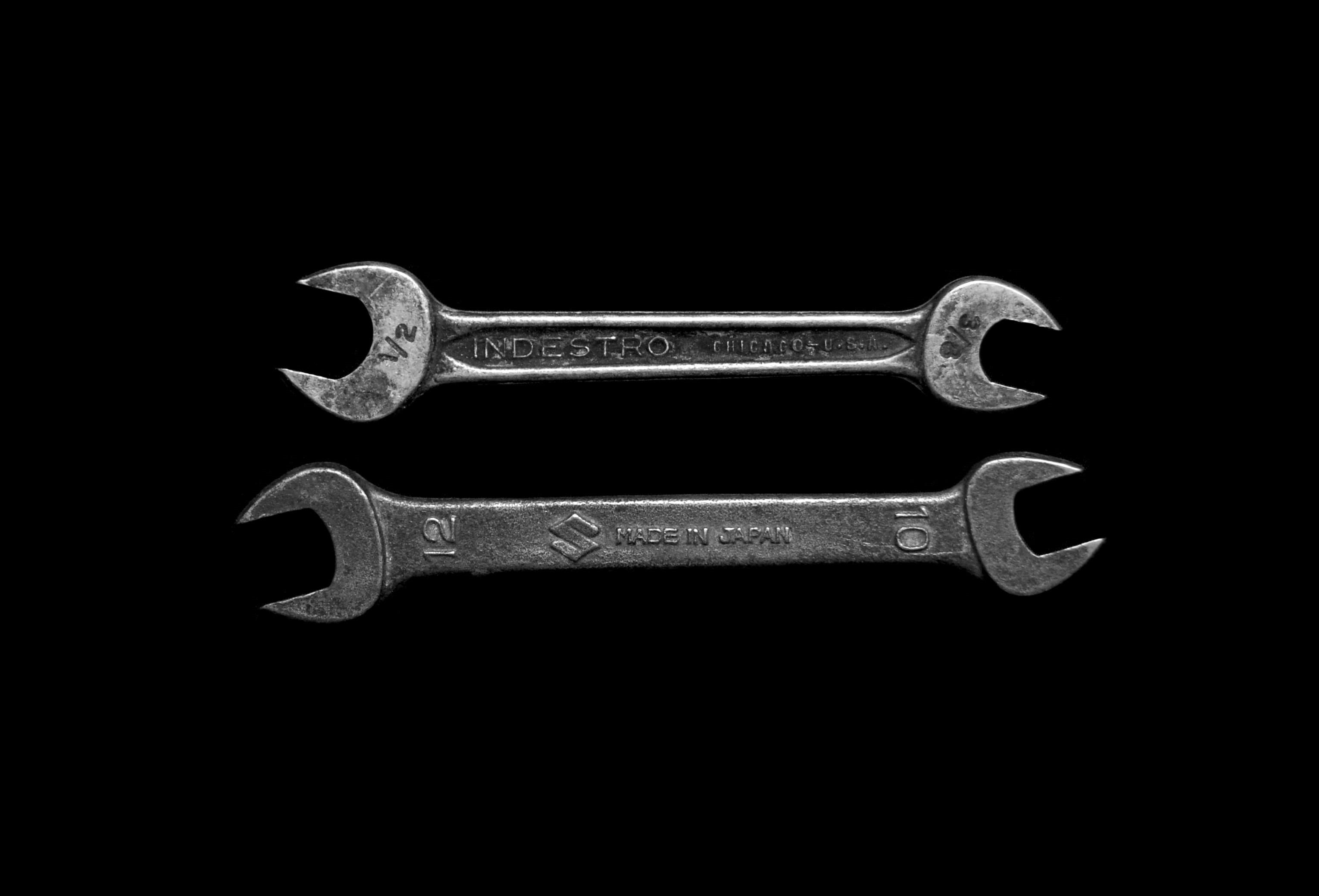 made in japan, work tool, two, gray, b and w, metal, 2K, design, wrenches, shiny, made in usa, usa, black color, equipment, black and white, open, cut out, HD Wallpaper