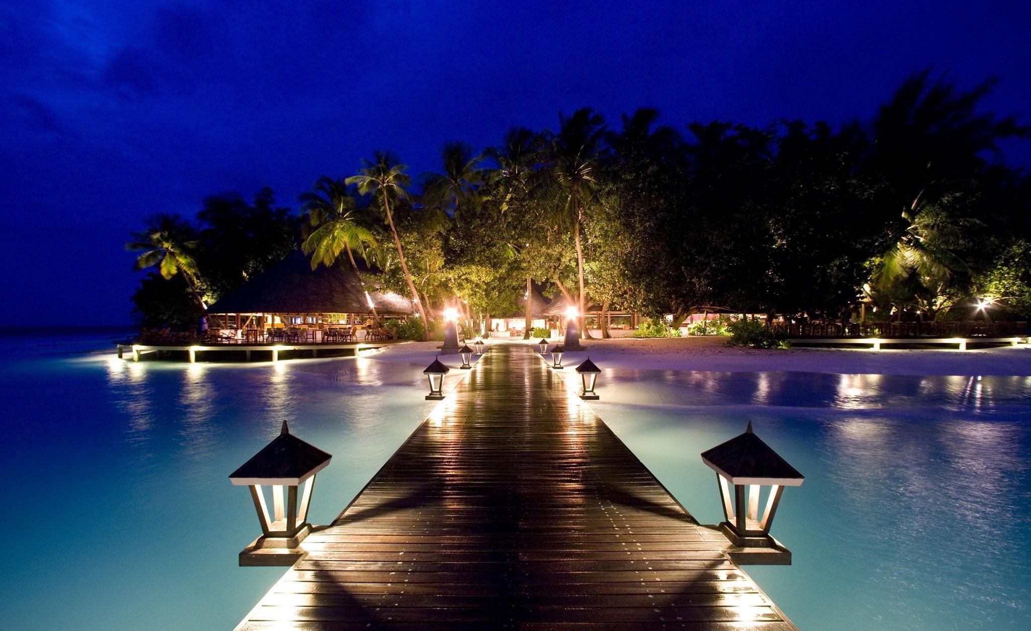 1080P, paradise, beach, sand, lamps, island, night, lagoon, light, lamp, ocean, pier, lights, water, evening, tropical, HD Wallpaper