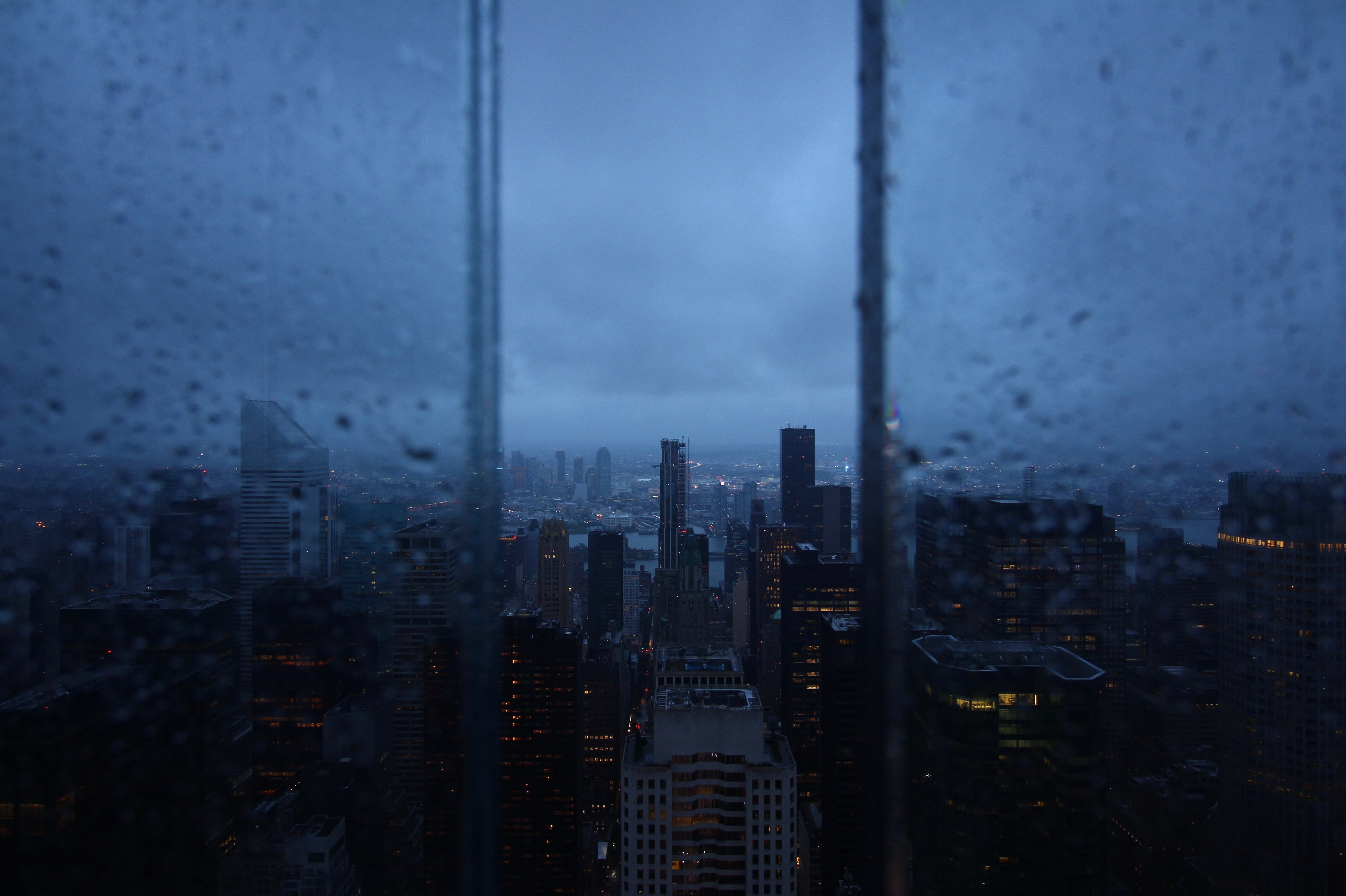 rain, 4K, aerial view, window, night city, skyscrapers, HD Wallpaper