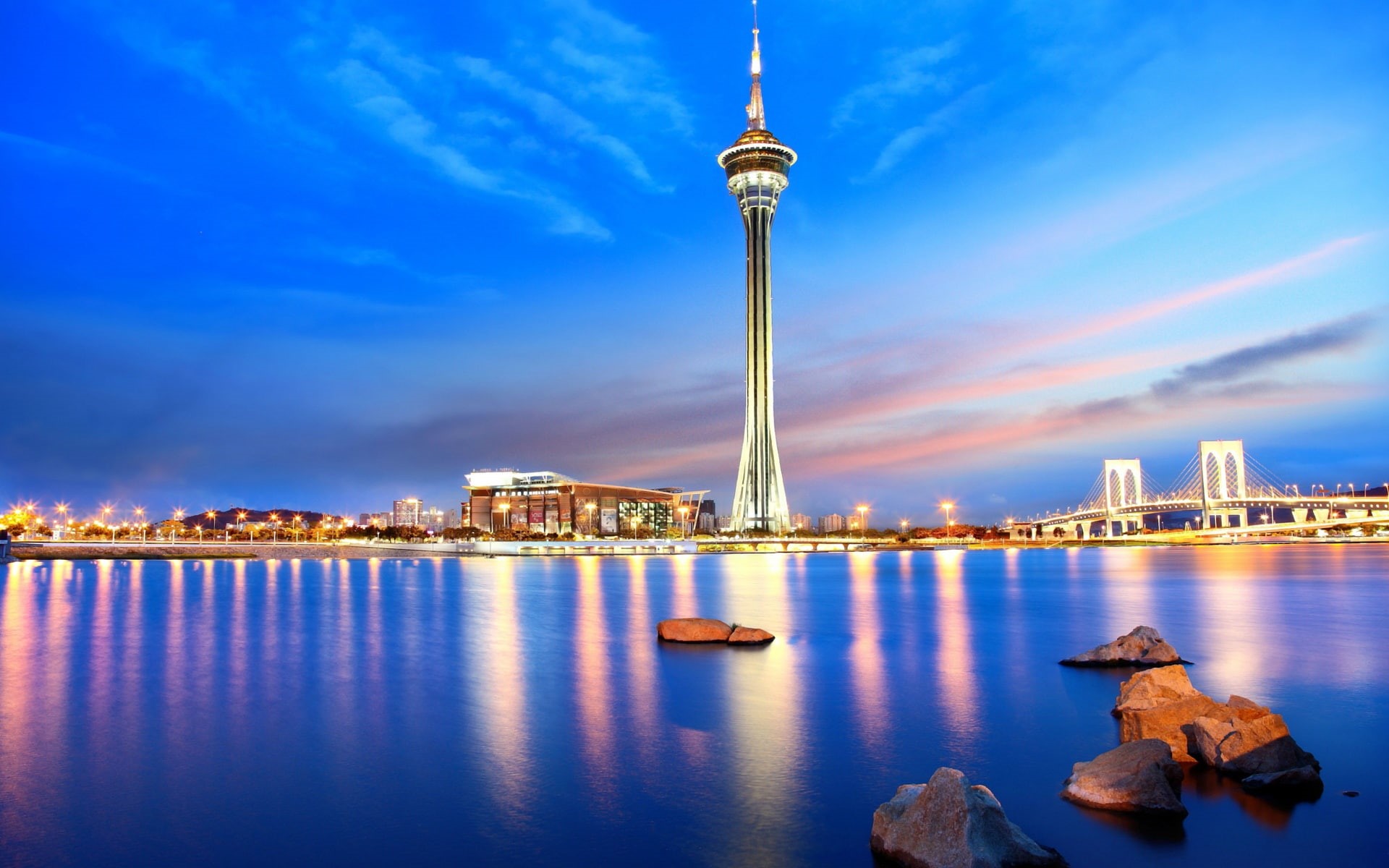 China, Night, Macau, Tower, City, 1080P, Lights, Bridge, Sea, cn, HD Wallpaper