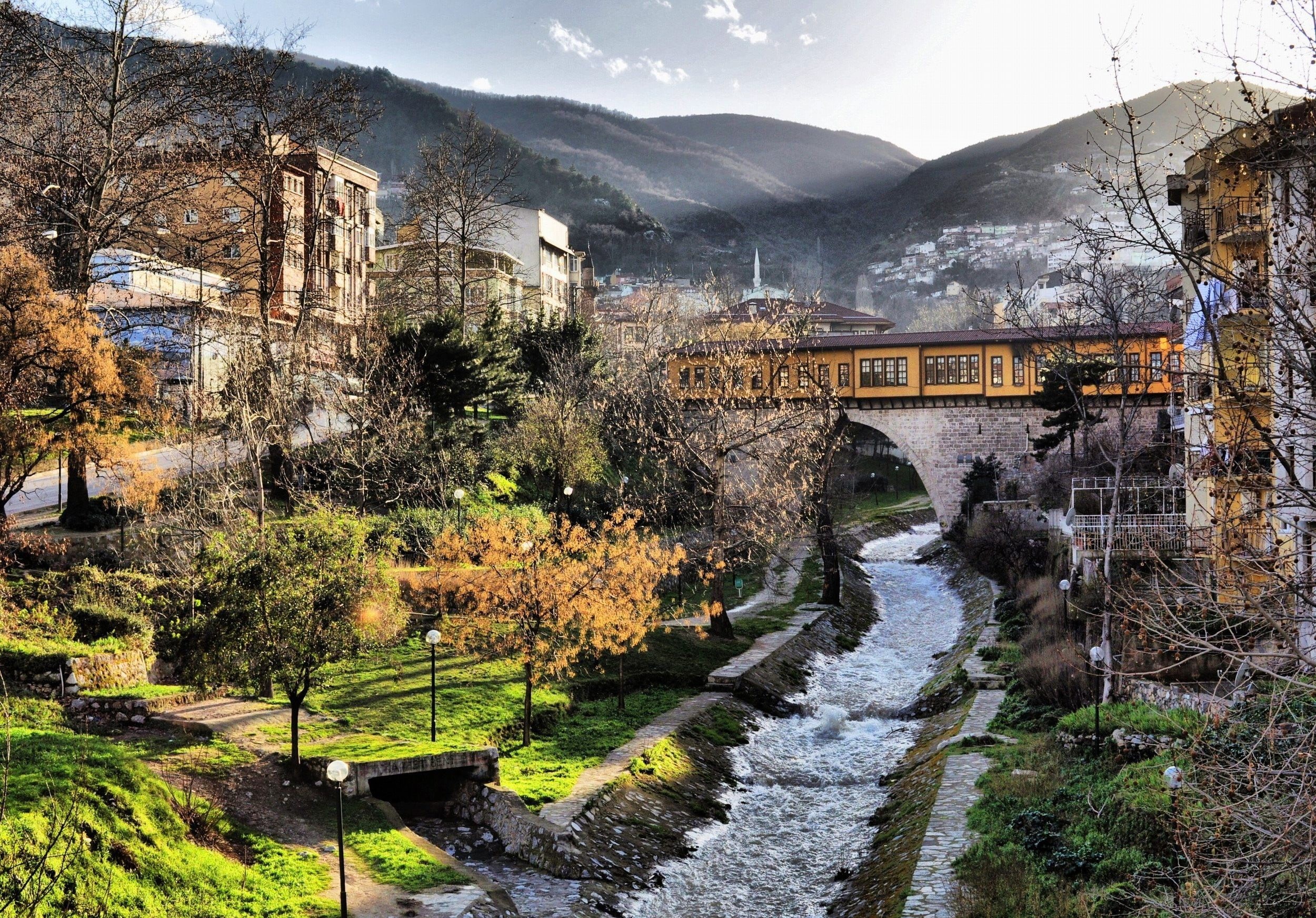 beauty in nature, connection, mountain, 1080P, brown, outdoors, Turkey, water, bridge - man made structure, tree, bridge, scenics - nature, building, plant, HD Wallpaper