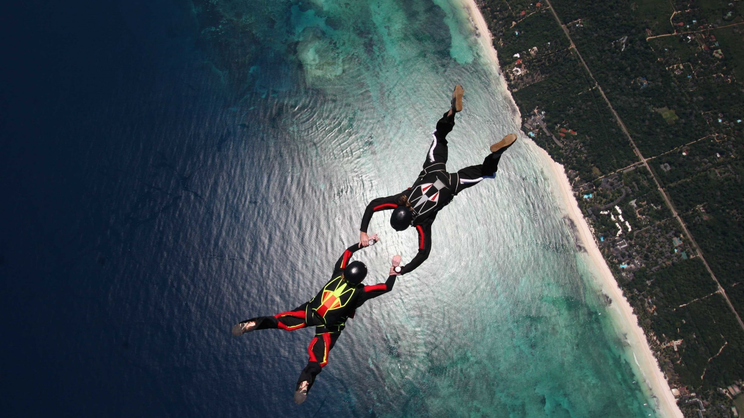 challenge, cooperation, motion, full length, group of people, unity, sky diving, 2K, parachutes, teamwork, adrenaline, jumping, day, trees, aerial view, HD Wallpaper