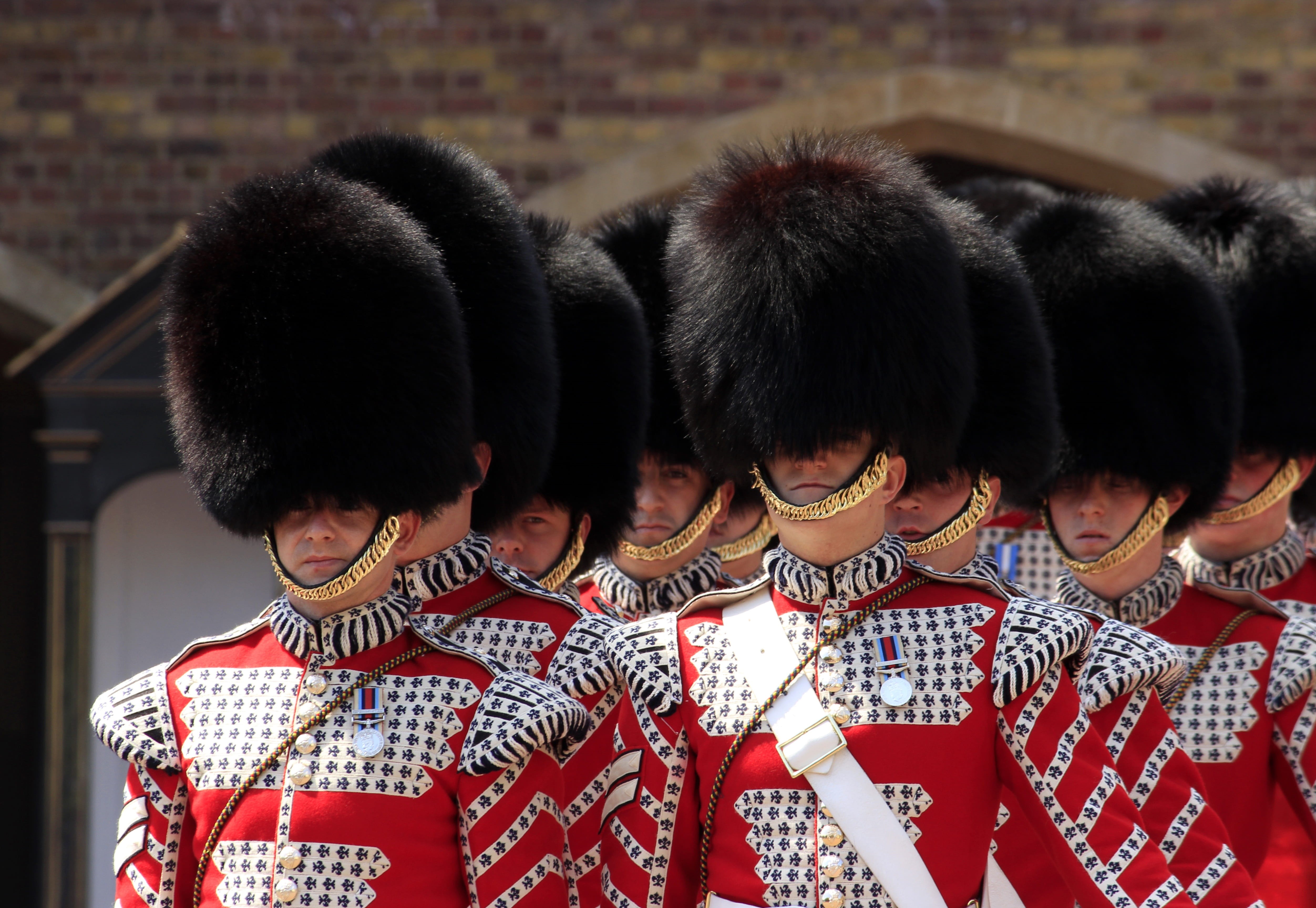 in a row, clothing, traditional clothing, group of people, royal guard, london, portrait, guards, adult, headshot, 4K, wearing, togetherness, buckingham palace, HD Wallpaper
