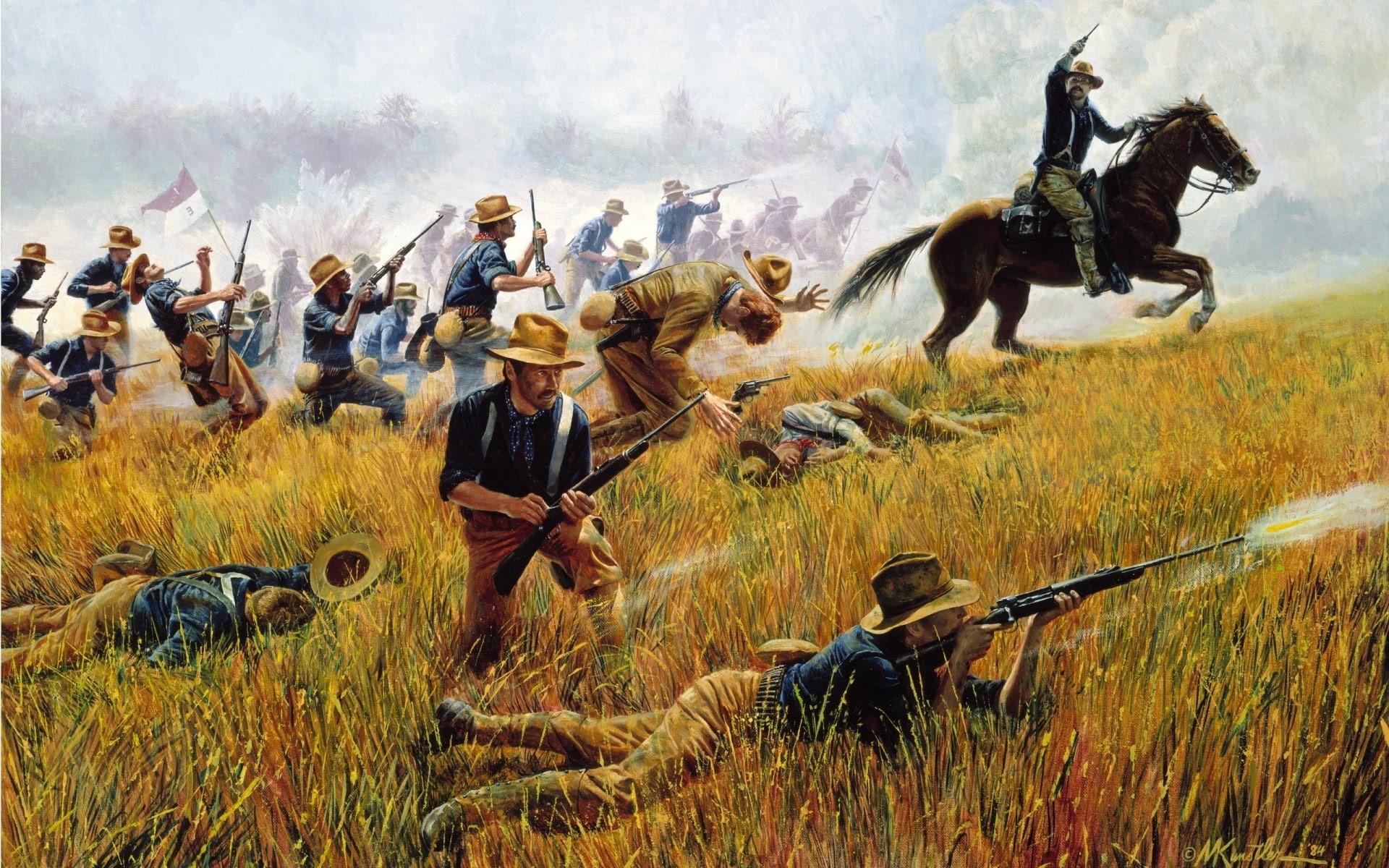 battle, rifles, art, weapons, men, history, war, warriors, people, soldiers, death, paintings, males, guns, 1080P, HD Wallpaper