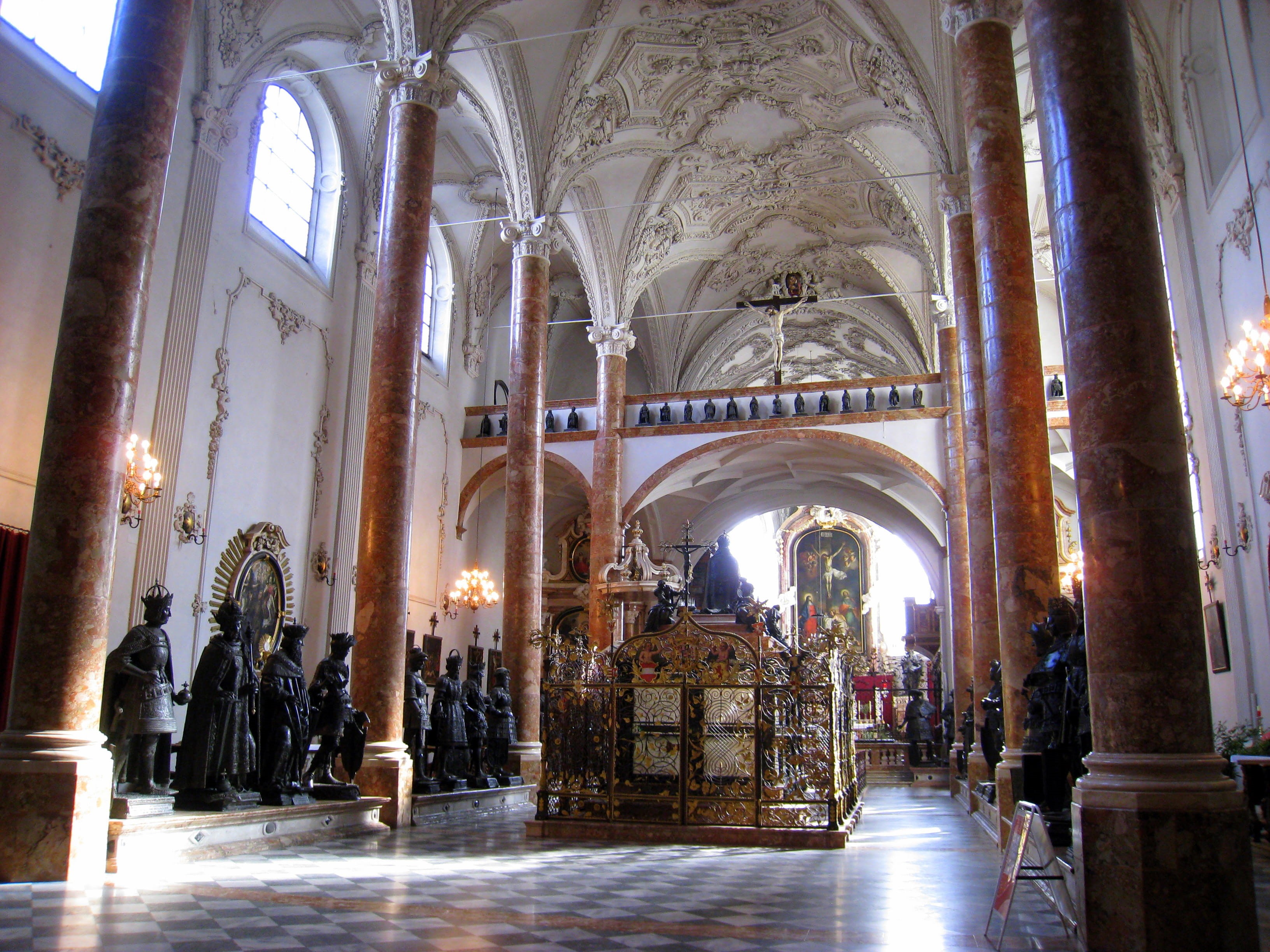 pew, altar, 2K, illuminated, building, architecture, built structure, aisle, cathedral, inside Of, Innsbruck, Austria, arch, religion, black men, nave, HD Wallpaper