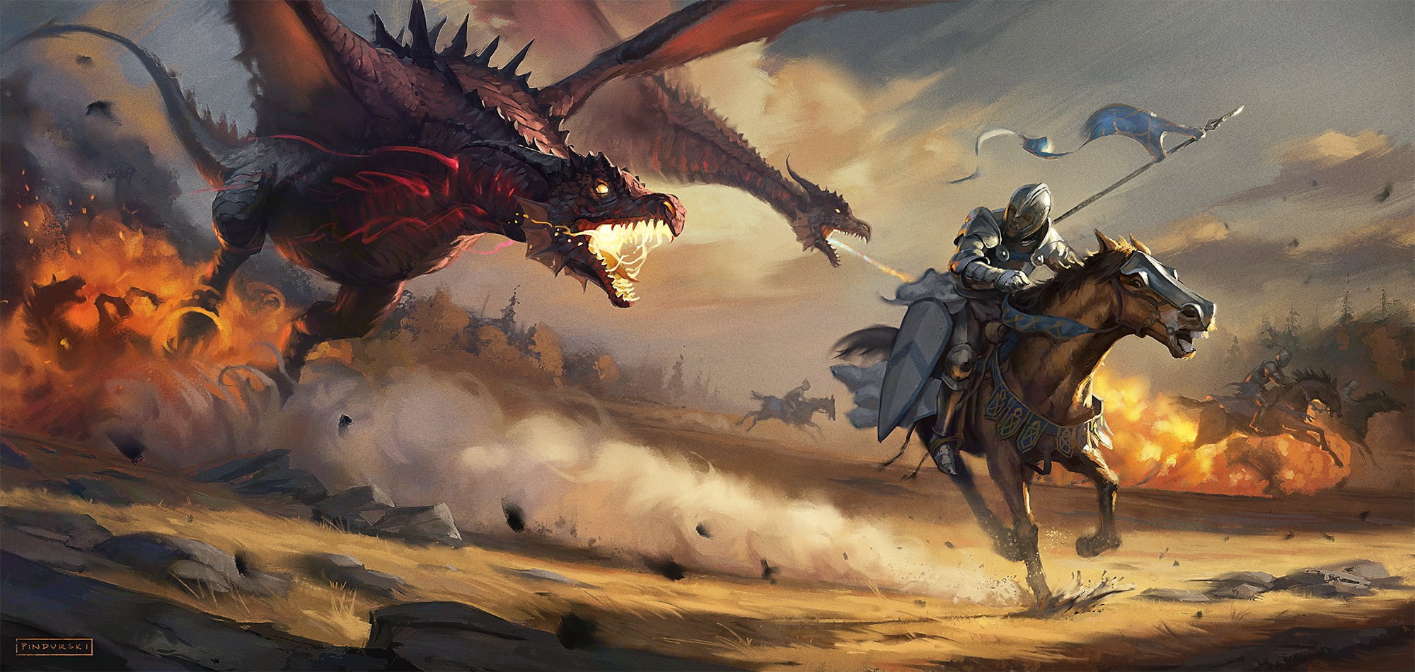 1080P, war, flag, giant, Hugh Pindur, digital art, knight, fantasy art, dragon, warrior, horse, HD Wallpaper