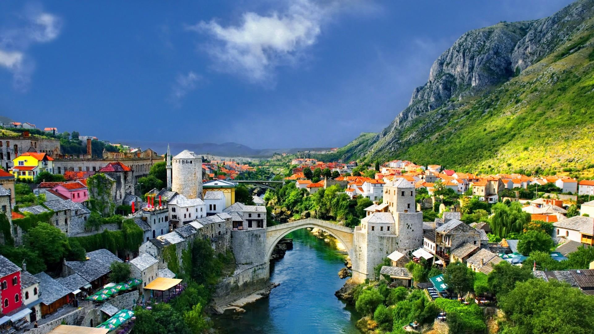 town, old bridge, city, arch bridge, townscape, cloud - sky, day, nature, historical, mountain, travel destinations, cityscape, outdoors, building exterior, HD Wallpaper