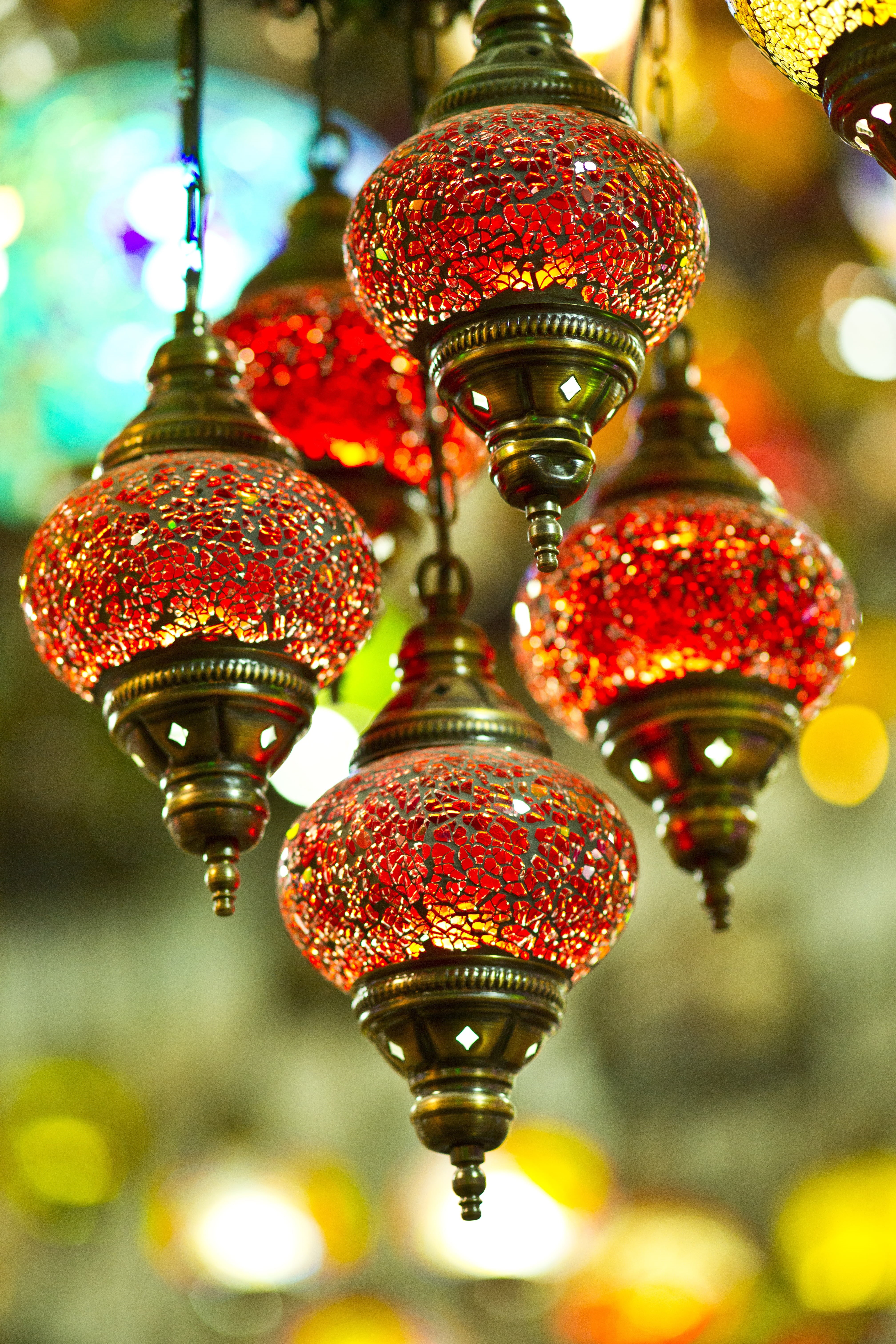 red, macro, choice, lamp, close-up, light, lantern, metal, pendant, souvenir, variation, lighting equipment, indoors, hanging, pattern, 5K, ornate, focus on foreground, Phone HD Wallpaper