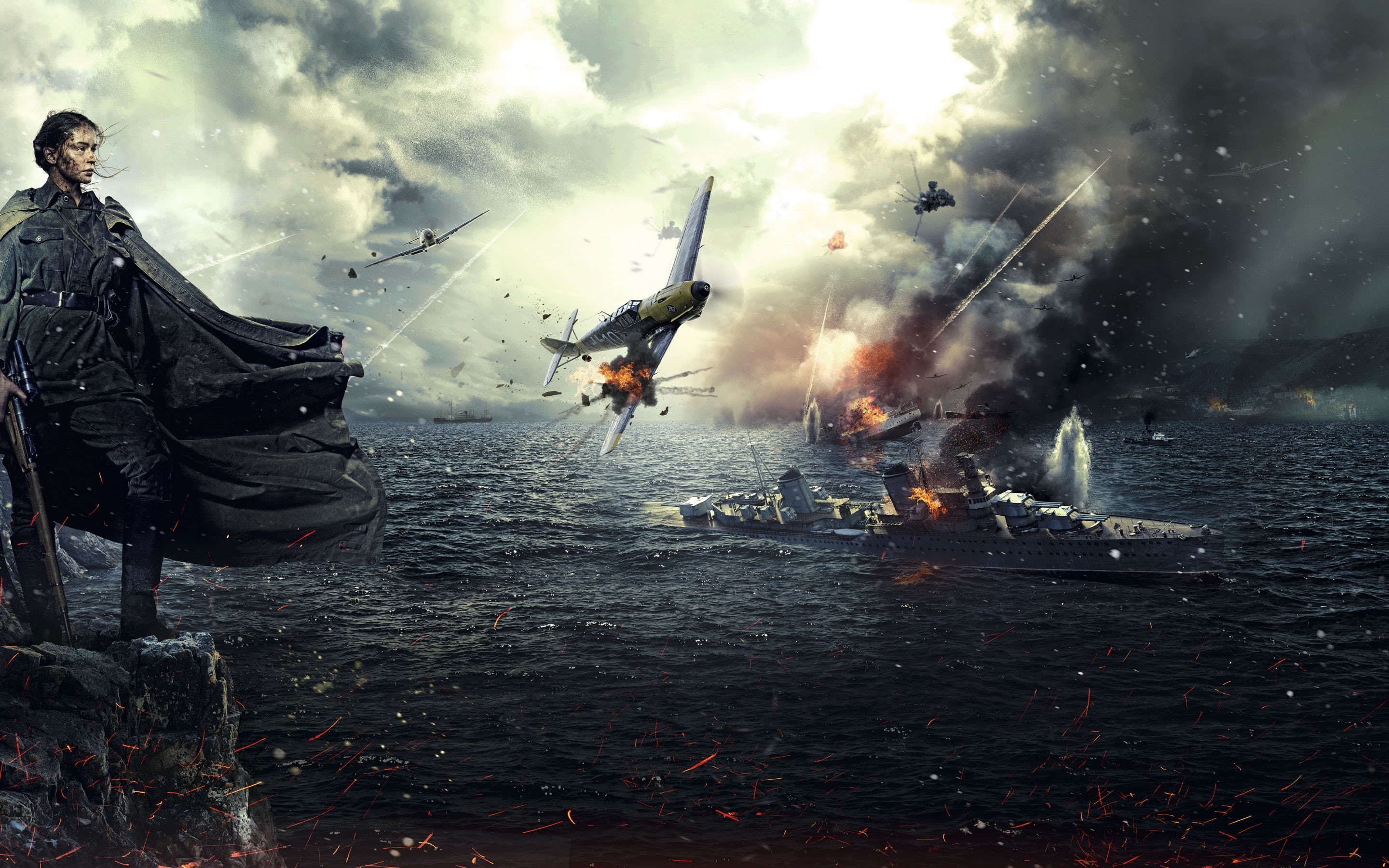 fire, Marine, ships, 2K, rifle, shore, explosions, Air, war, rocks, soldier, Sea, girl, battle, sniper, tunic, fight, Battle of Sevastopol, Julia Peresild, HD Wallpaper