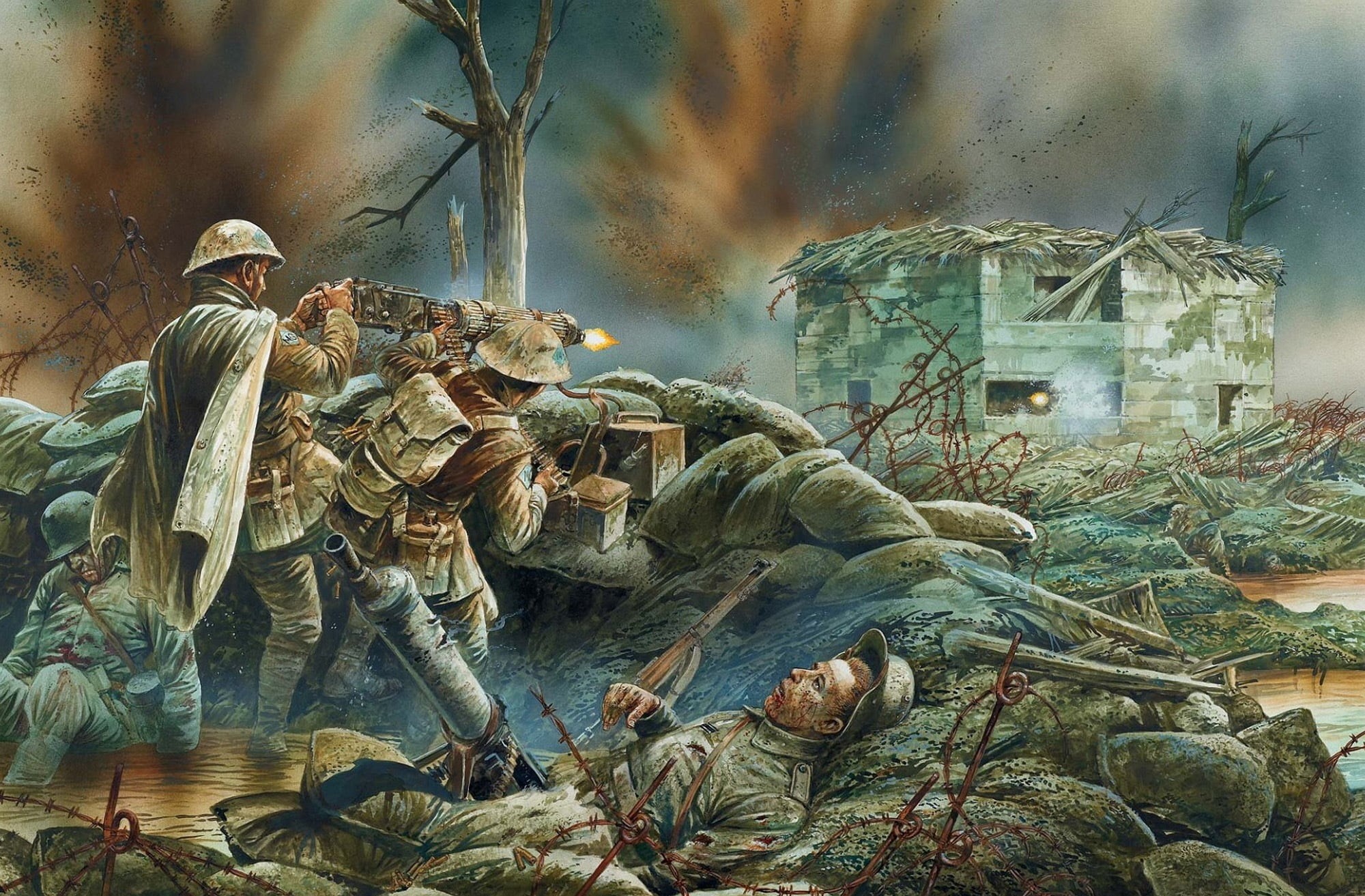 machine gun, people, heavy, building, sky, explosions, field, city, near, position, dirt, fear, digital, soldiers, accidents and disasters, WWI, German, HD Wallpaper