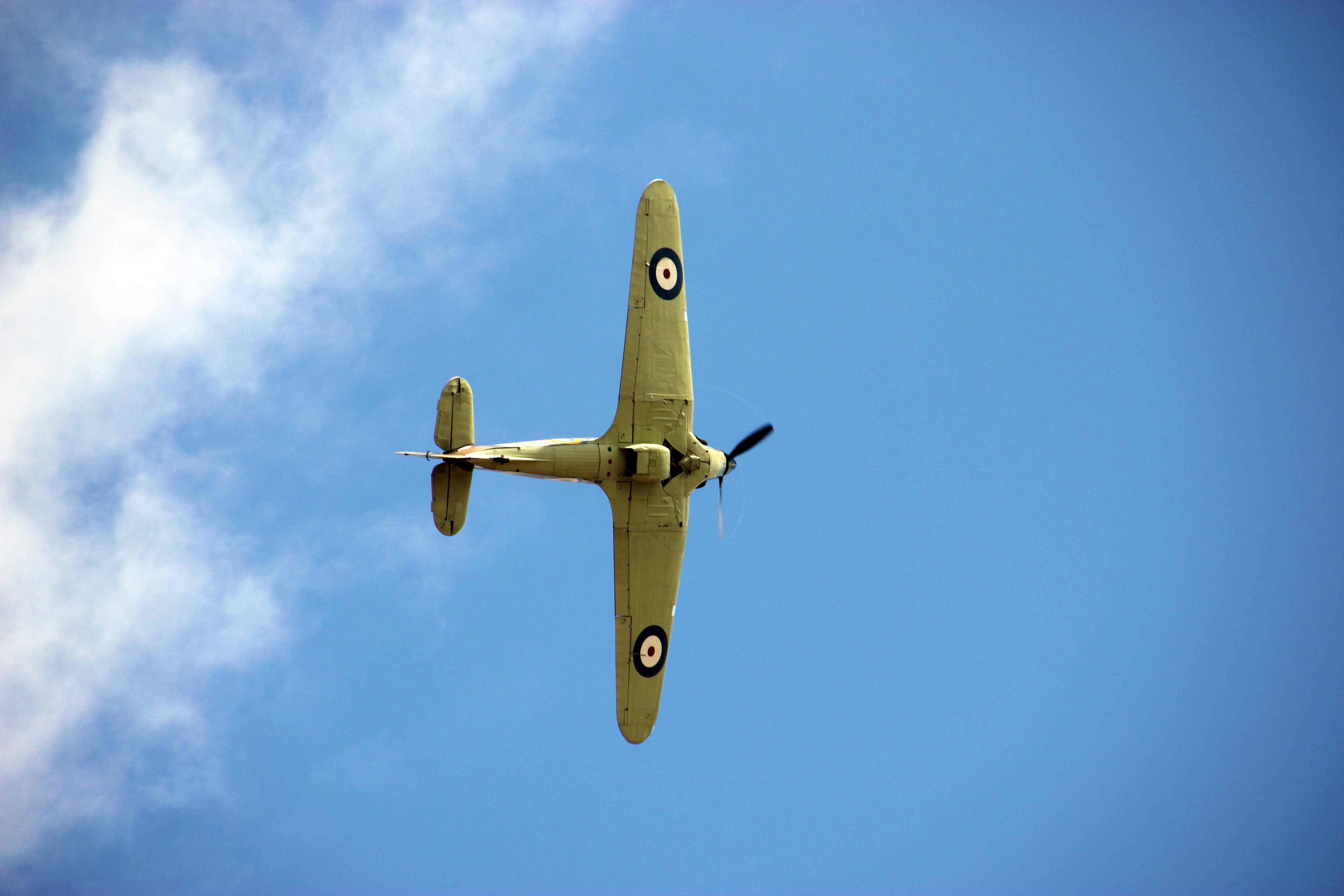 directly below, flying, fly, historic, aviation, air force, outdoors, air, flight, day, britain, airplane, history, pilot, fighter plane, battle, ww2, hawker hurricane, HD Wallpaper