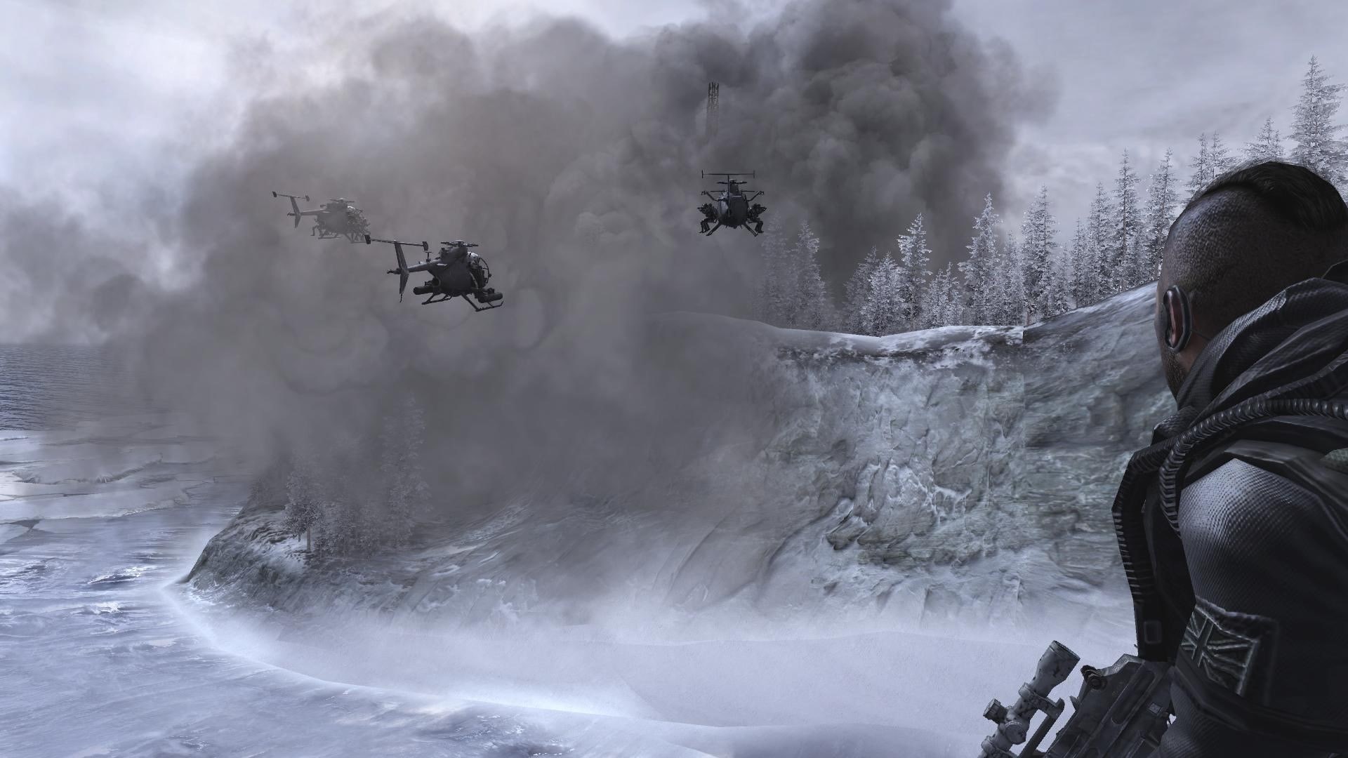 scenics - nature, call of duty 4 modern warfare, 1080P, mountain, flying, environment, unrecognizable person, fog, water, adult, men, sport, people, tree, HD Wallpaper