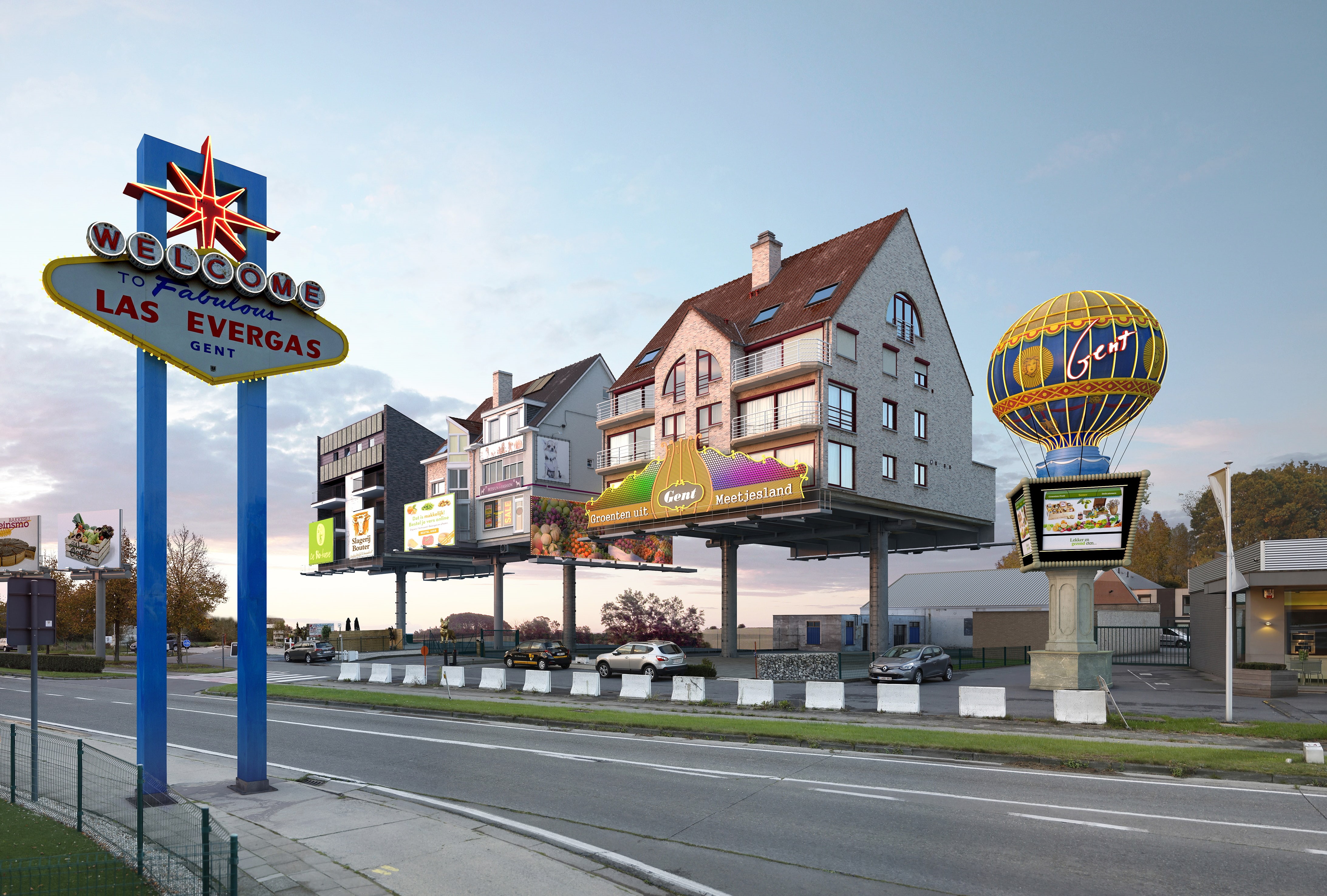 surreal, 4K, Photoshop, Victor Enrich, photo manipulation, architecture, building, road, house, digital art, column, Las Vegas, commercial, HD Wallpaper